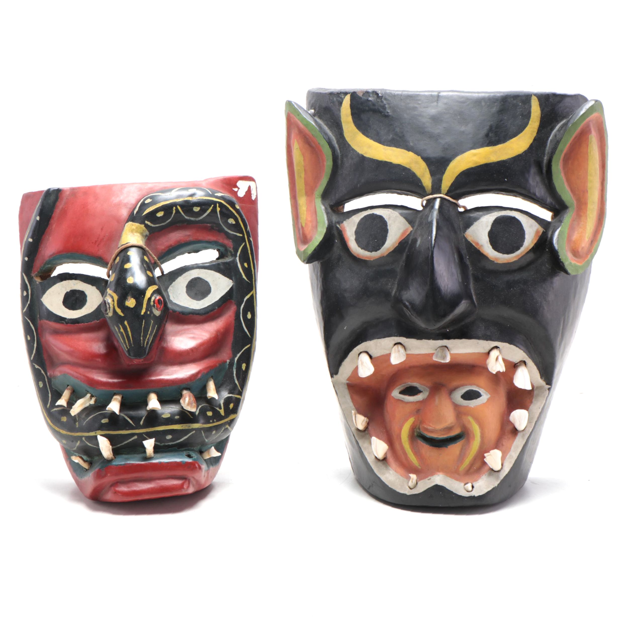 Mexican Folk Art Wood Masks With Cow Teeth, 20th Century