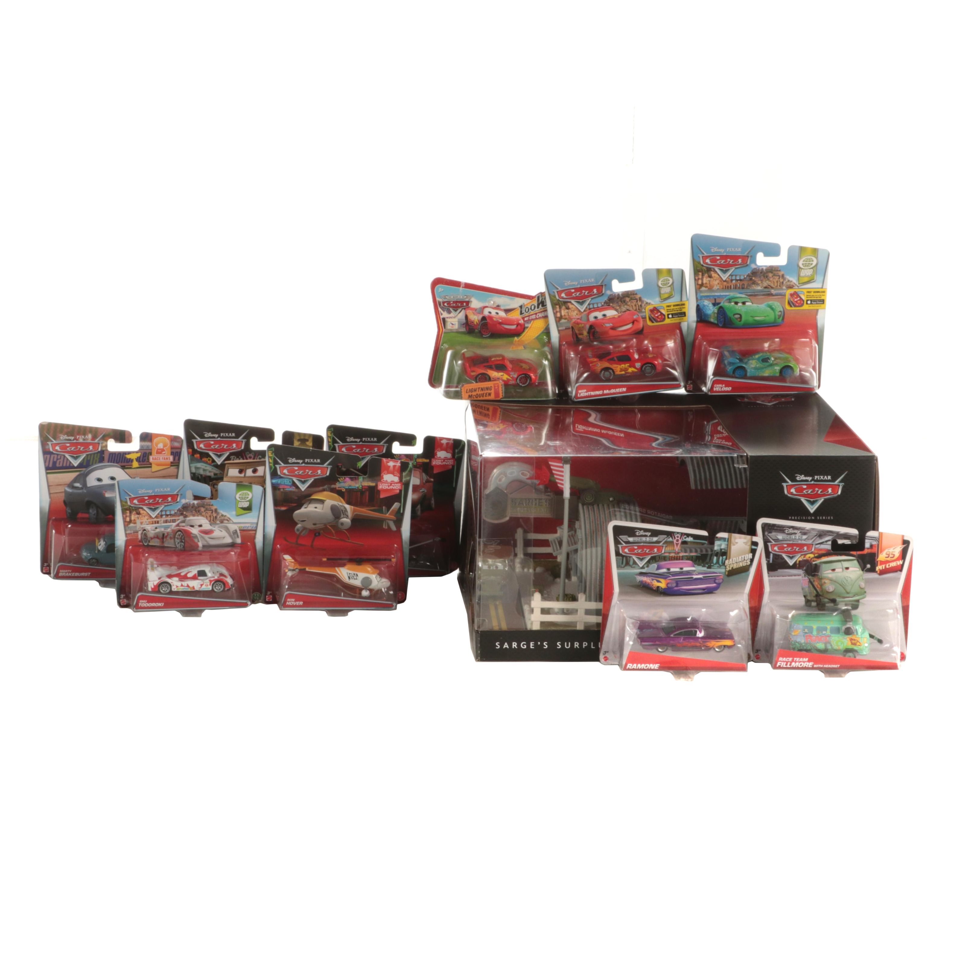 Mattel "Cars" Movie 1:64 Scale Cars and Sarge's Surplus Hut Diorama