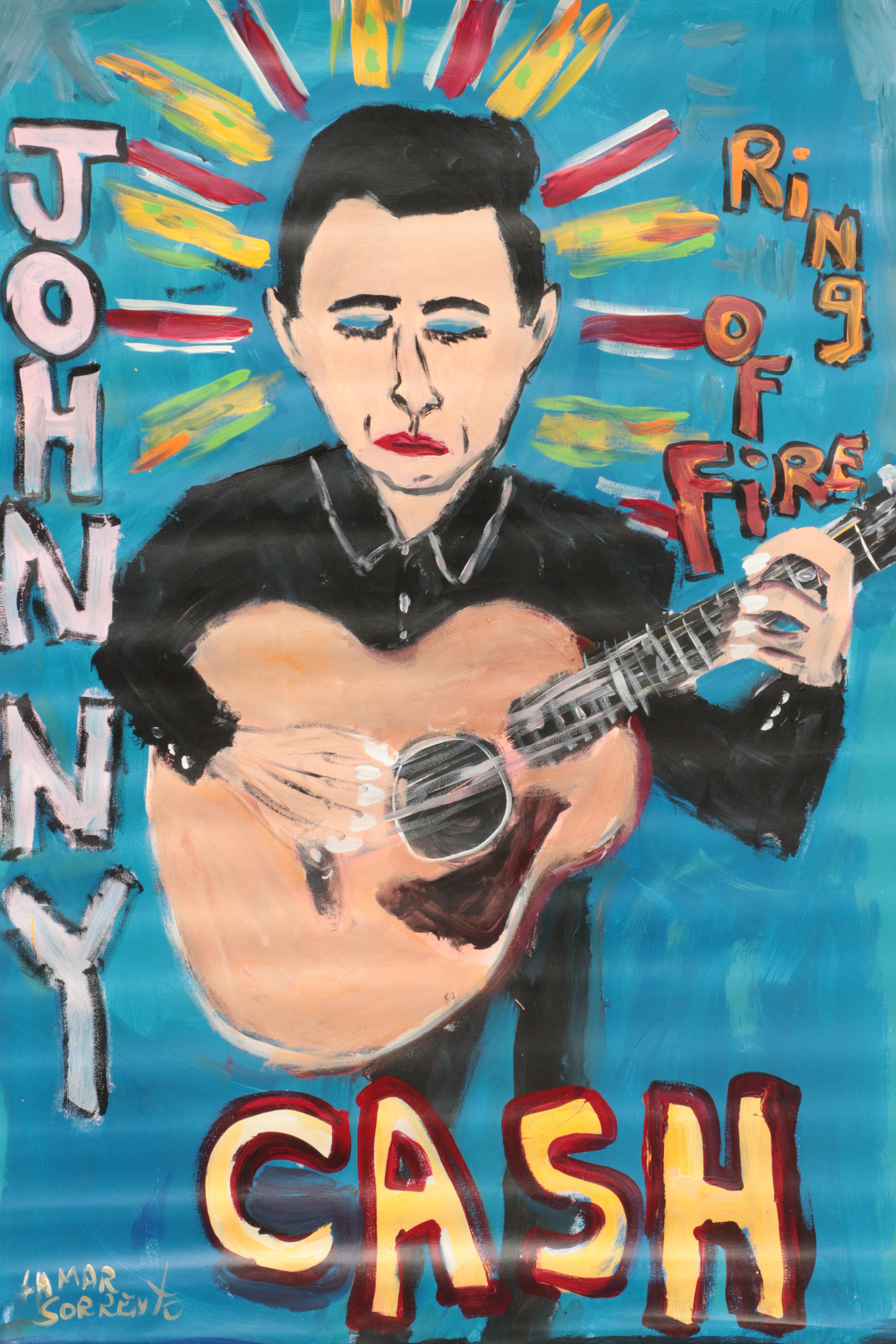 Lamar Sorrento Outsider Art Acrylic Painting of Johnny Cash, 21st Century