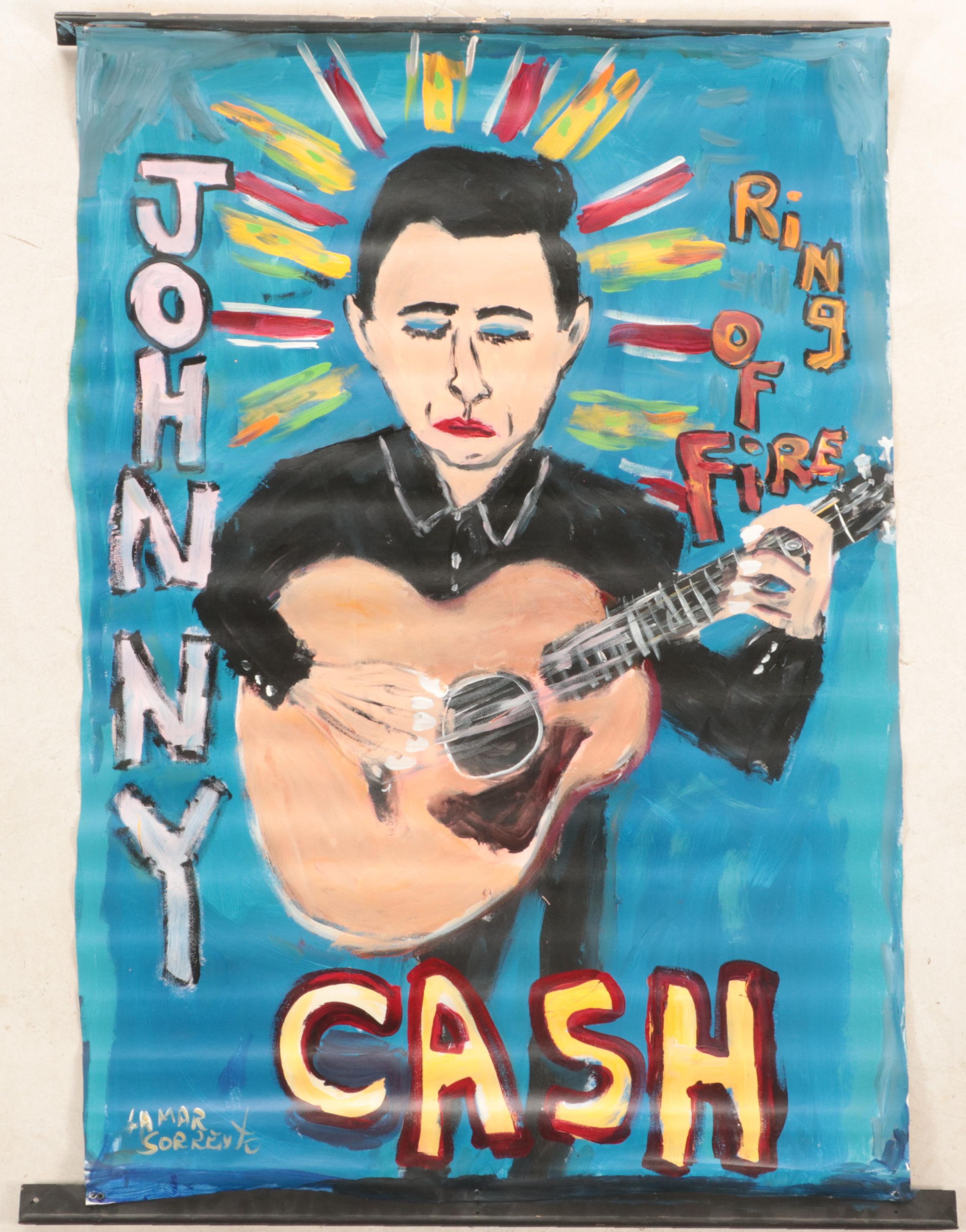 Lamar Sorrento Outsider Art Acrylic Painting of Johnny Cash, 21st Century