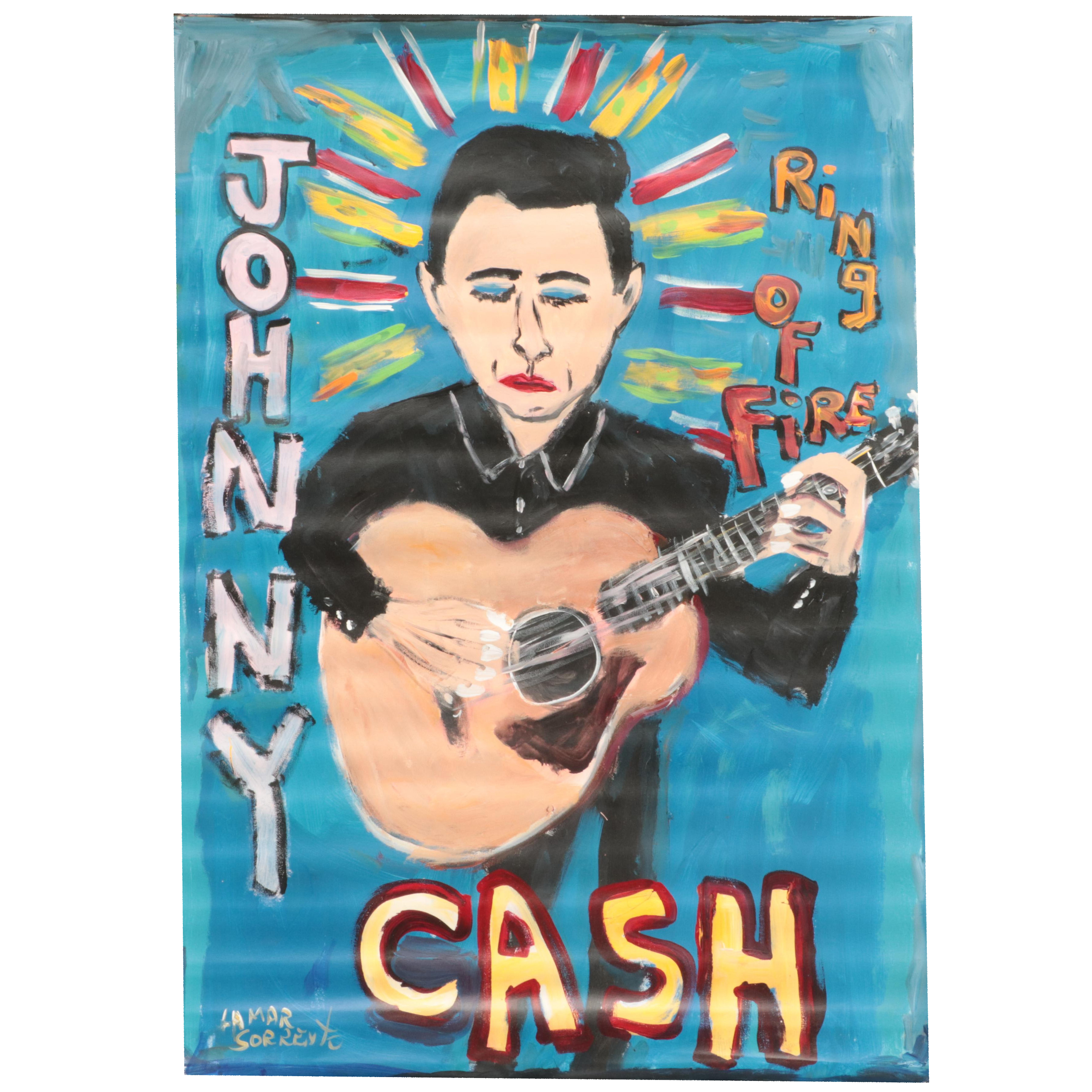 Lamar Sorrento Outsider Art Acrylic Painting of Johnny Cash, 21st Century