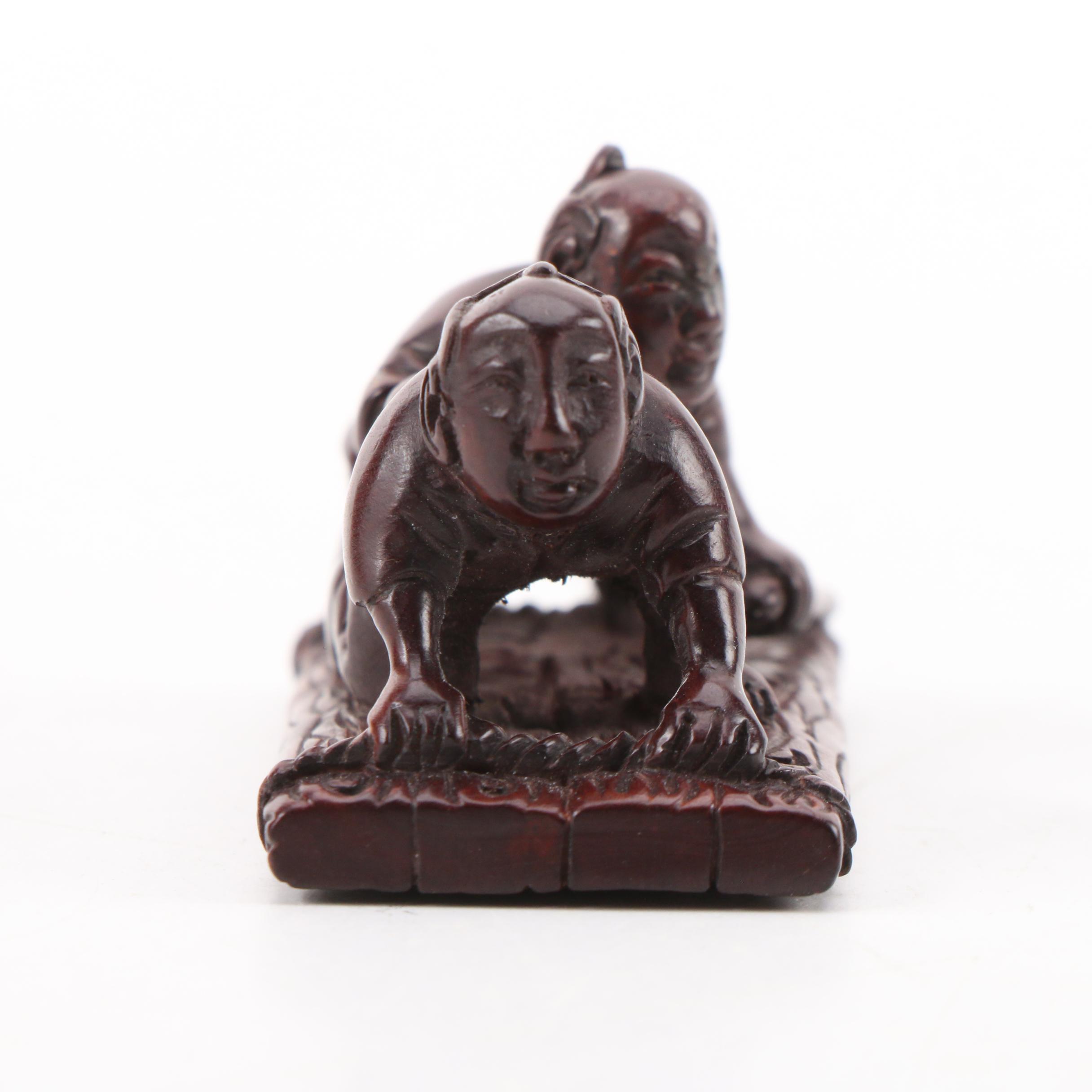 Nissho Japanese Carved Boxwood Men on Raft Netsuke, Edo Period