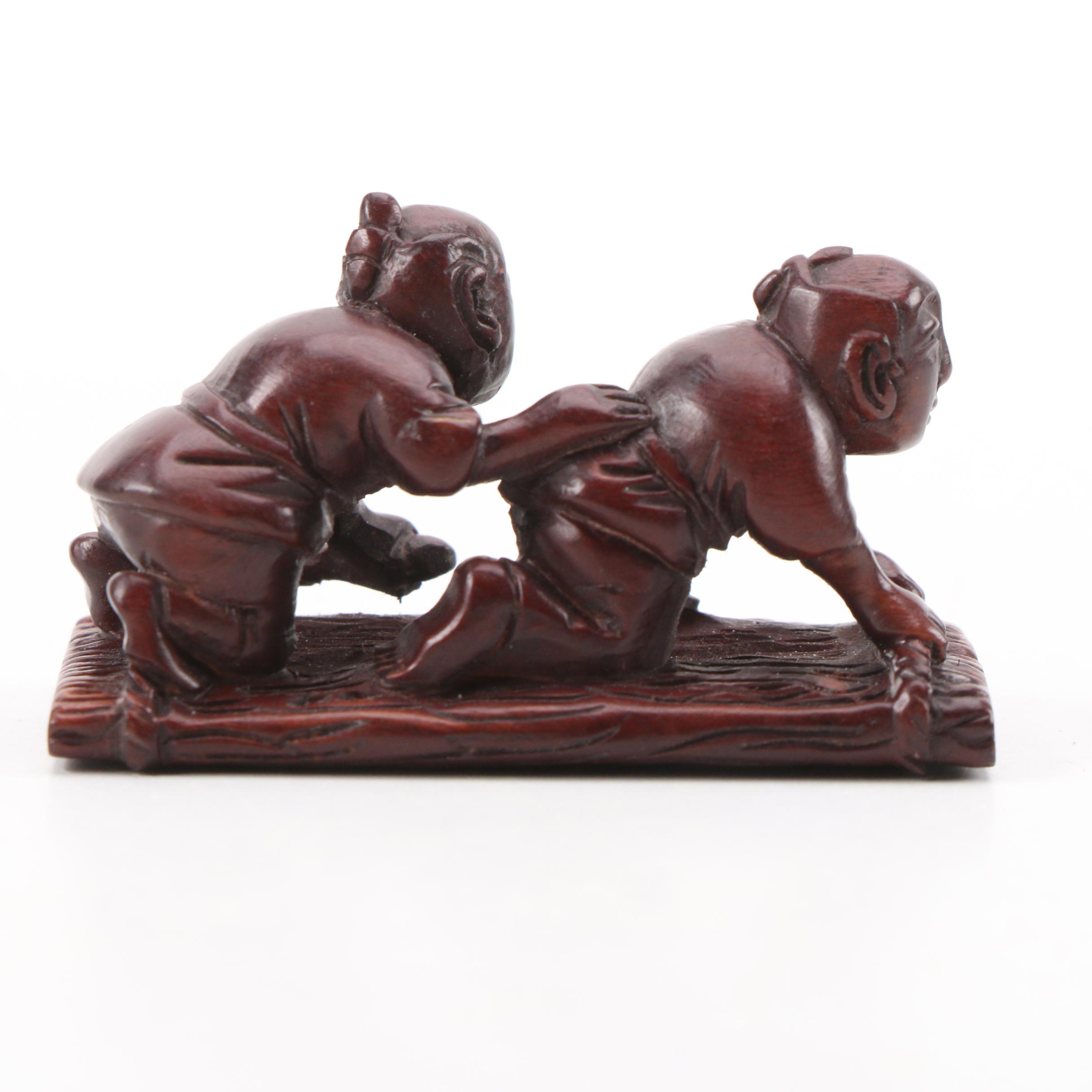 Nissho Japanese Carved Boxwood Men on Raft Netsuke, Edo Period