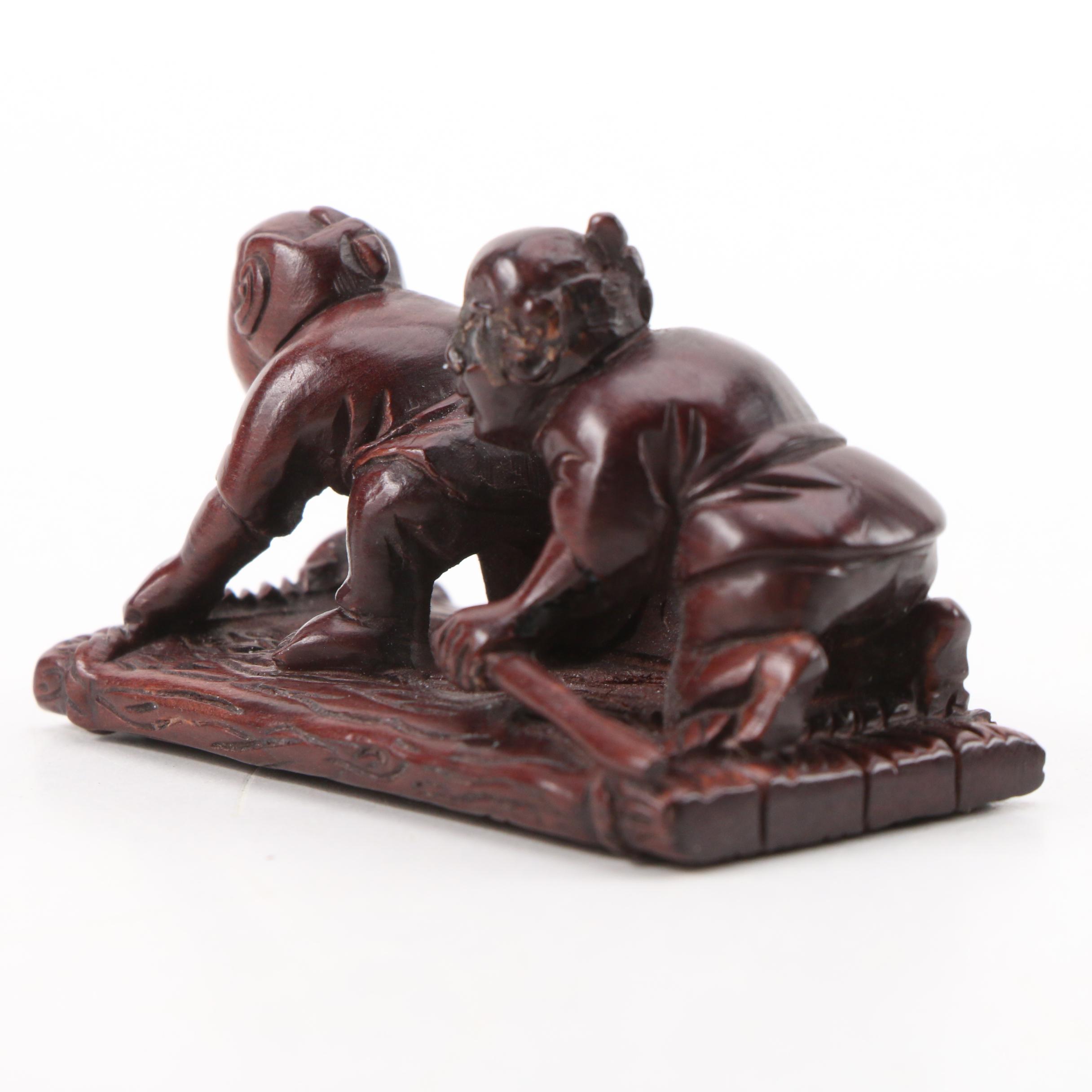 Nissho Japanese Carved Boxwood Men on Raft Netsuke, Edo Period