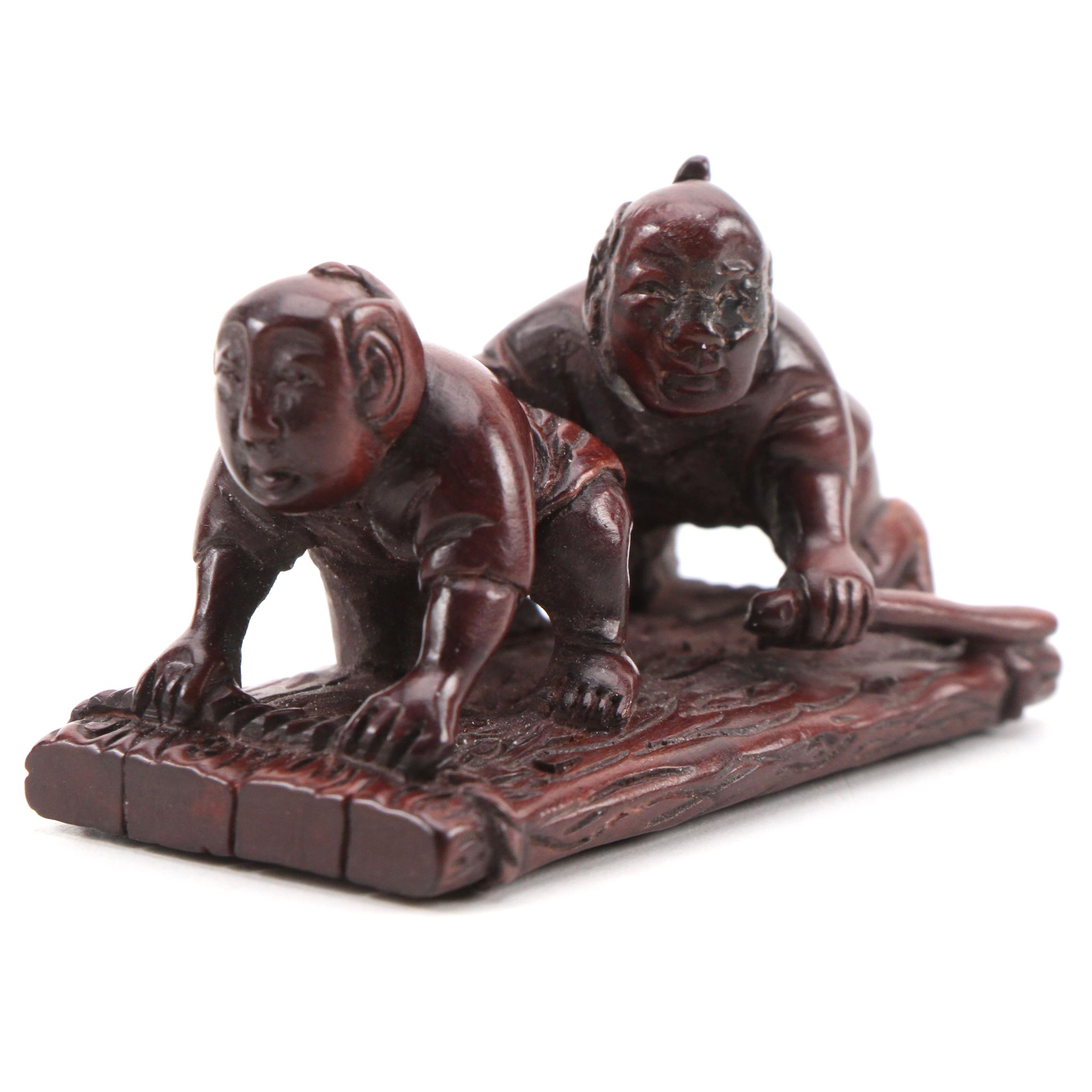 Nissho Japanese Carved Boxwood Men on Raft Netsuke, Edo Period