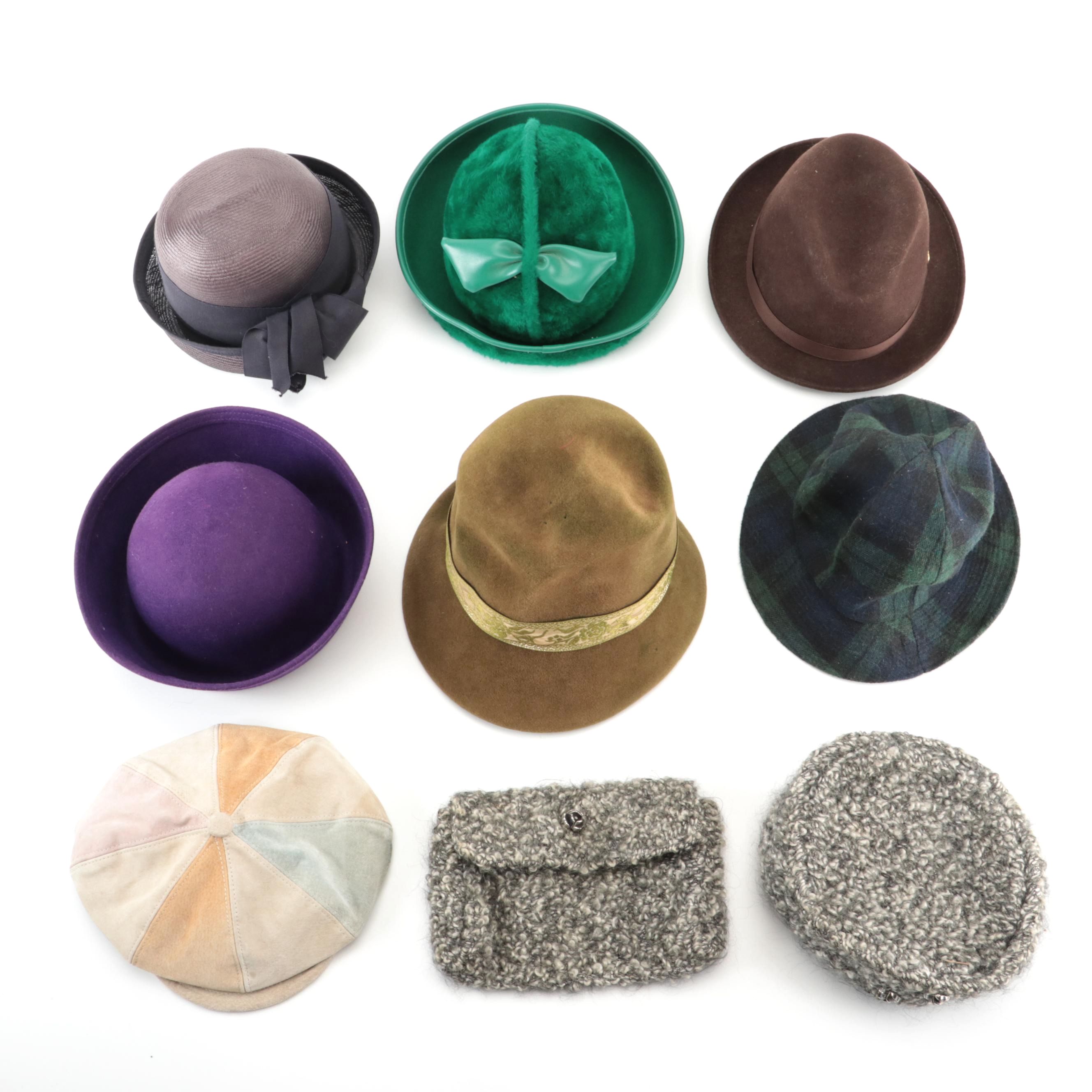 D'orsay Knit Wool Pillbox Hat and Clutch Set, Suede Flat Cap, and Other Hats