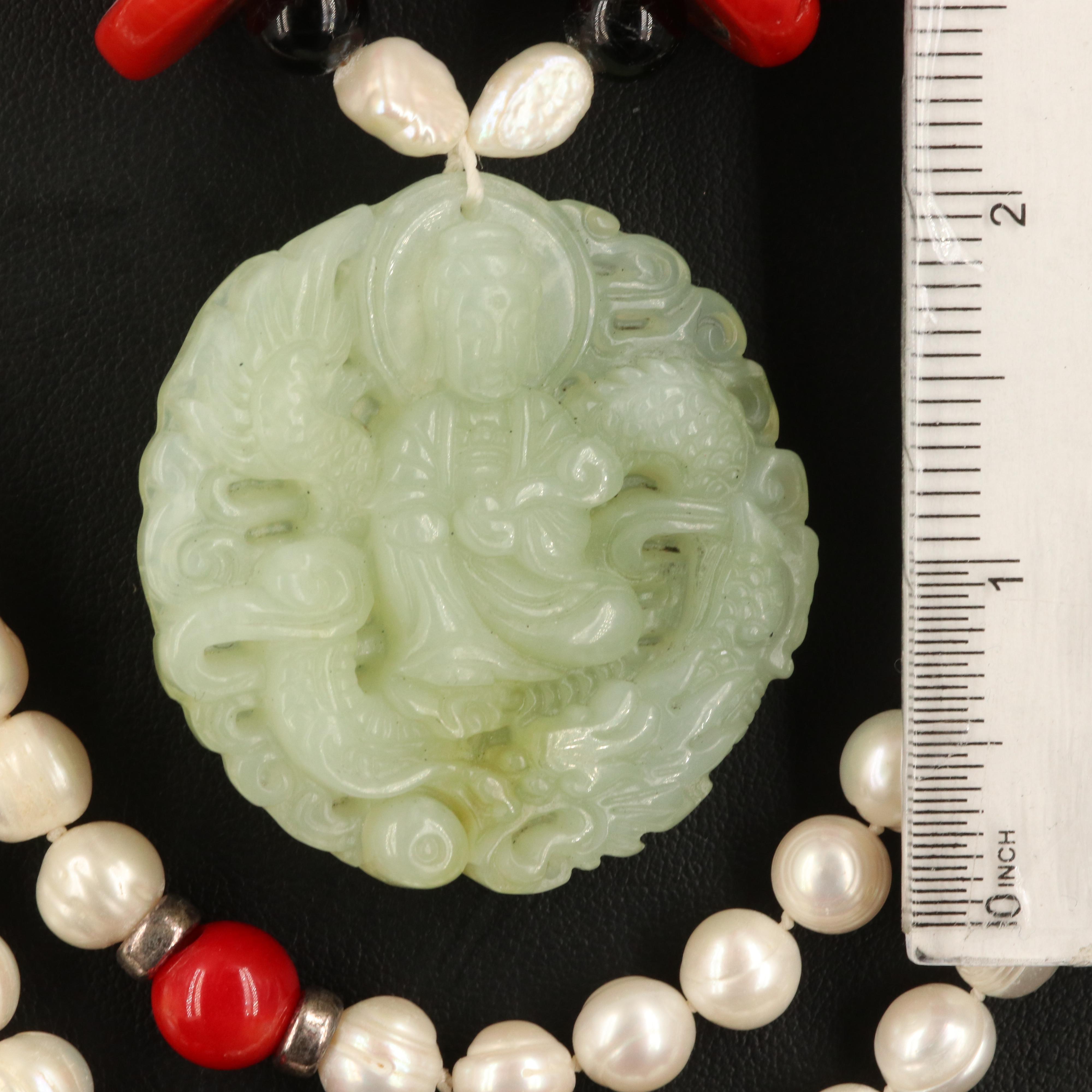 Pearl, Coral and Carved Serpentine Necklaces