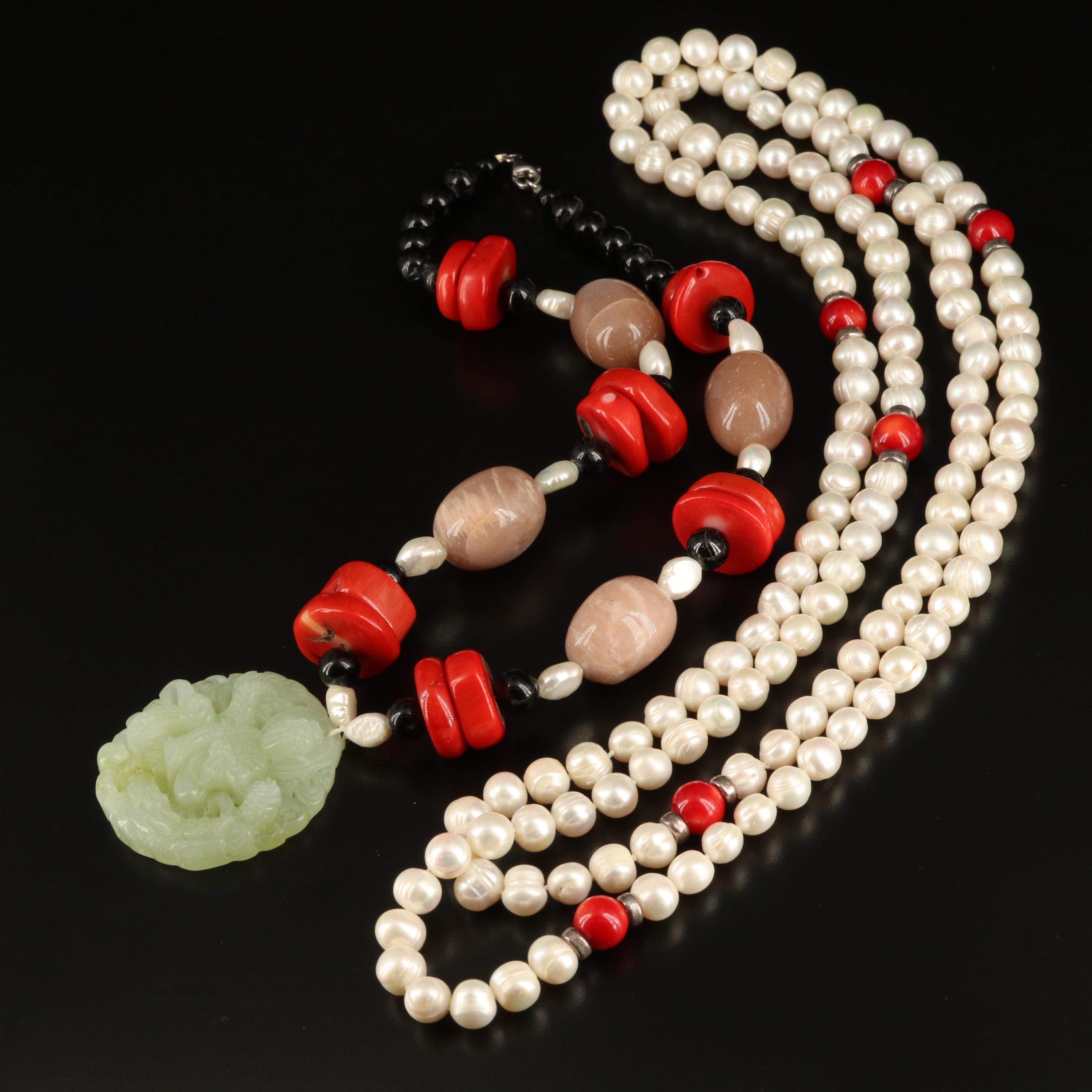 Pearl, Coral and Carved Serpentine Necklaces