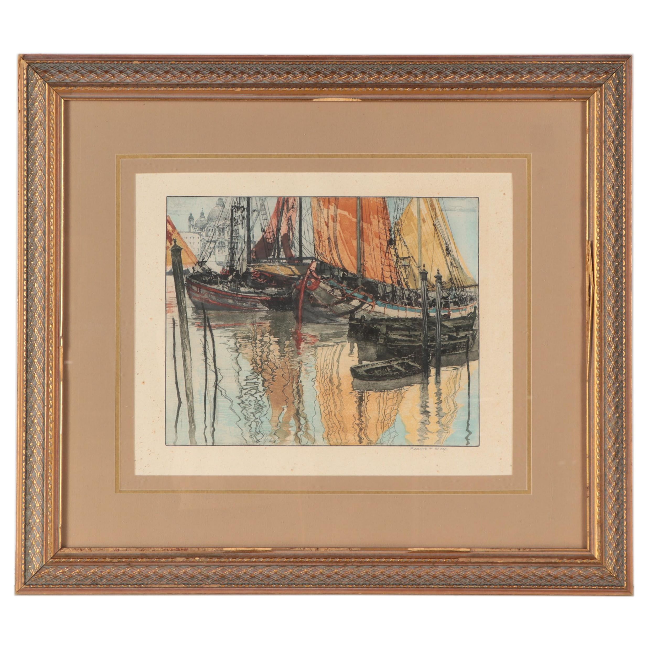 Franz Xaver Wolf Color Etching of Venice Harbor Scene