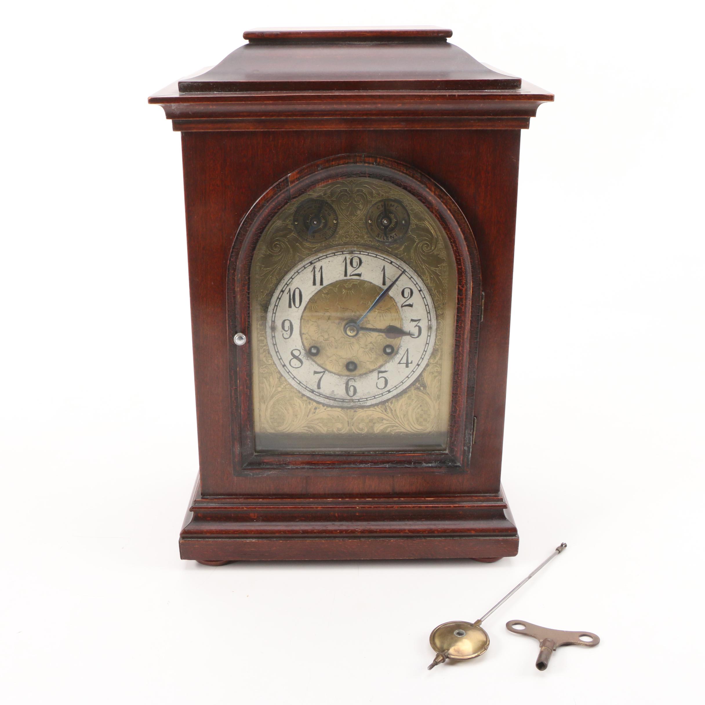 Kuehl and Gustav Becker Mahogany Mantel Clock with Brass Face, Early 20th C.