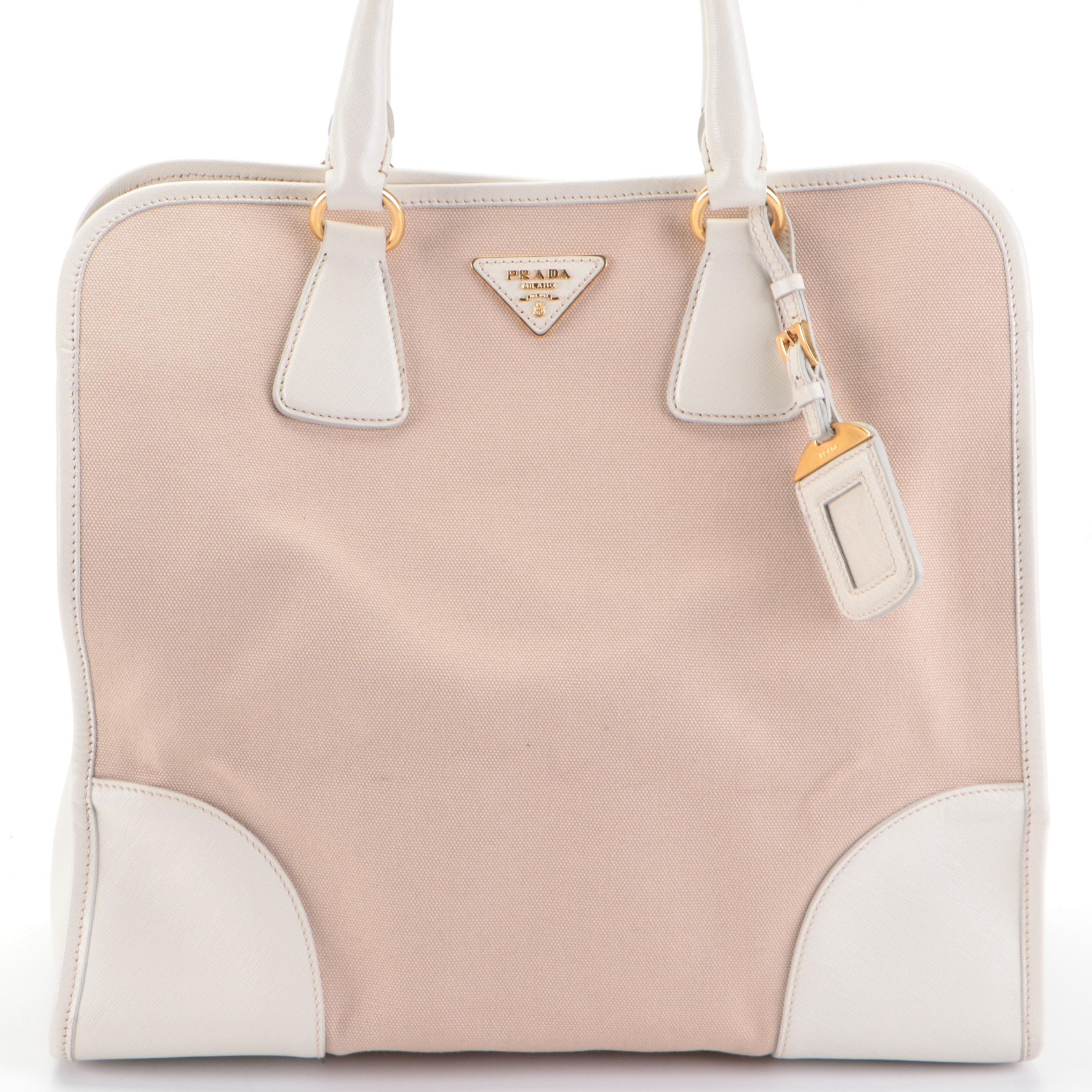 Prada Convertible Tote in Natural Canvas and White Saffiano Leather Trim
