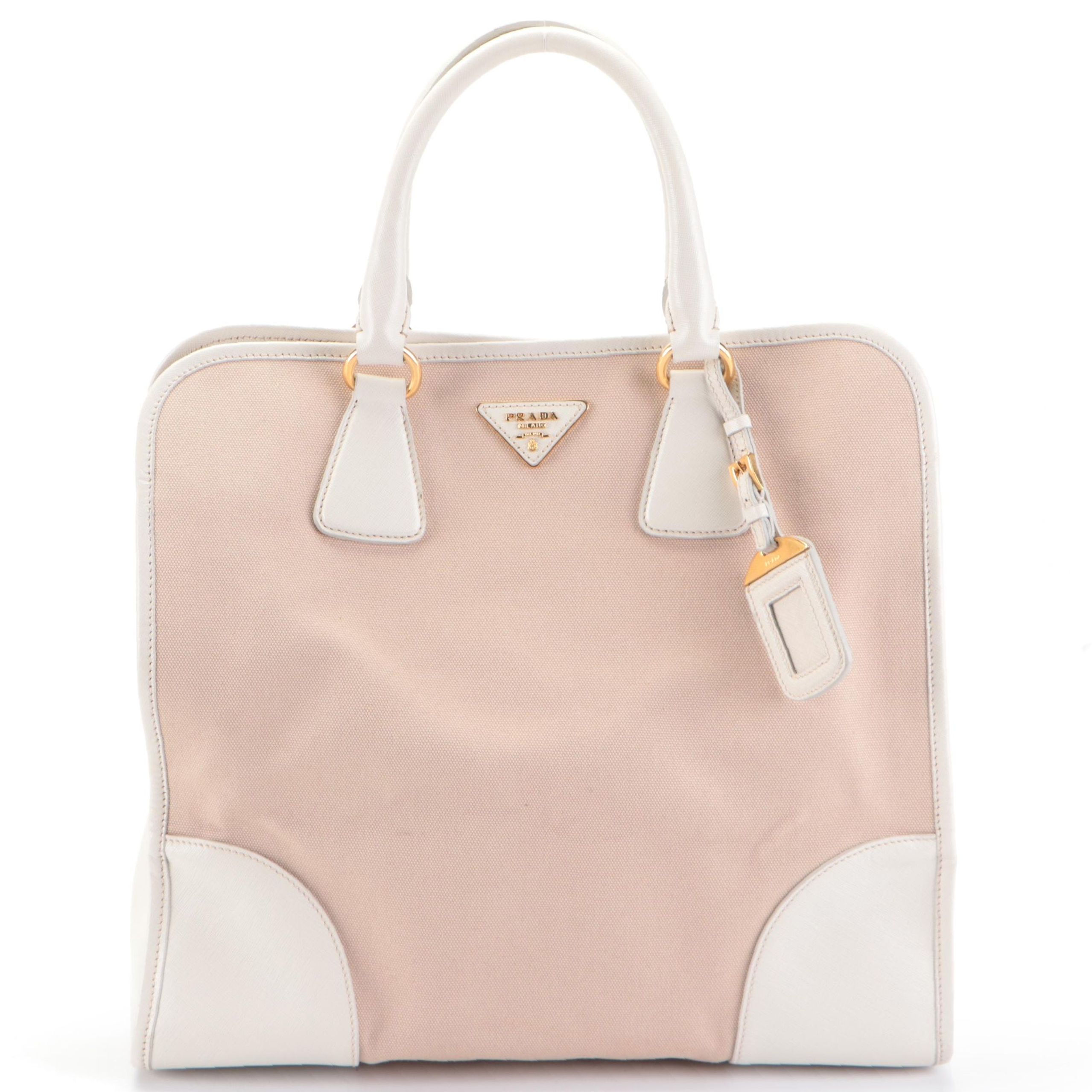 Prada Convertible Tote in Natural Canvas and White Saffiano Leather Trim