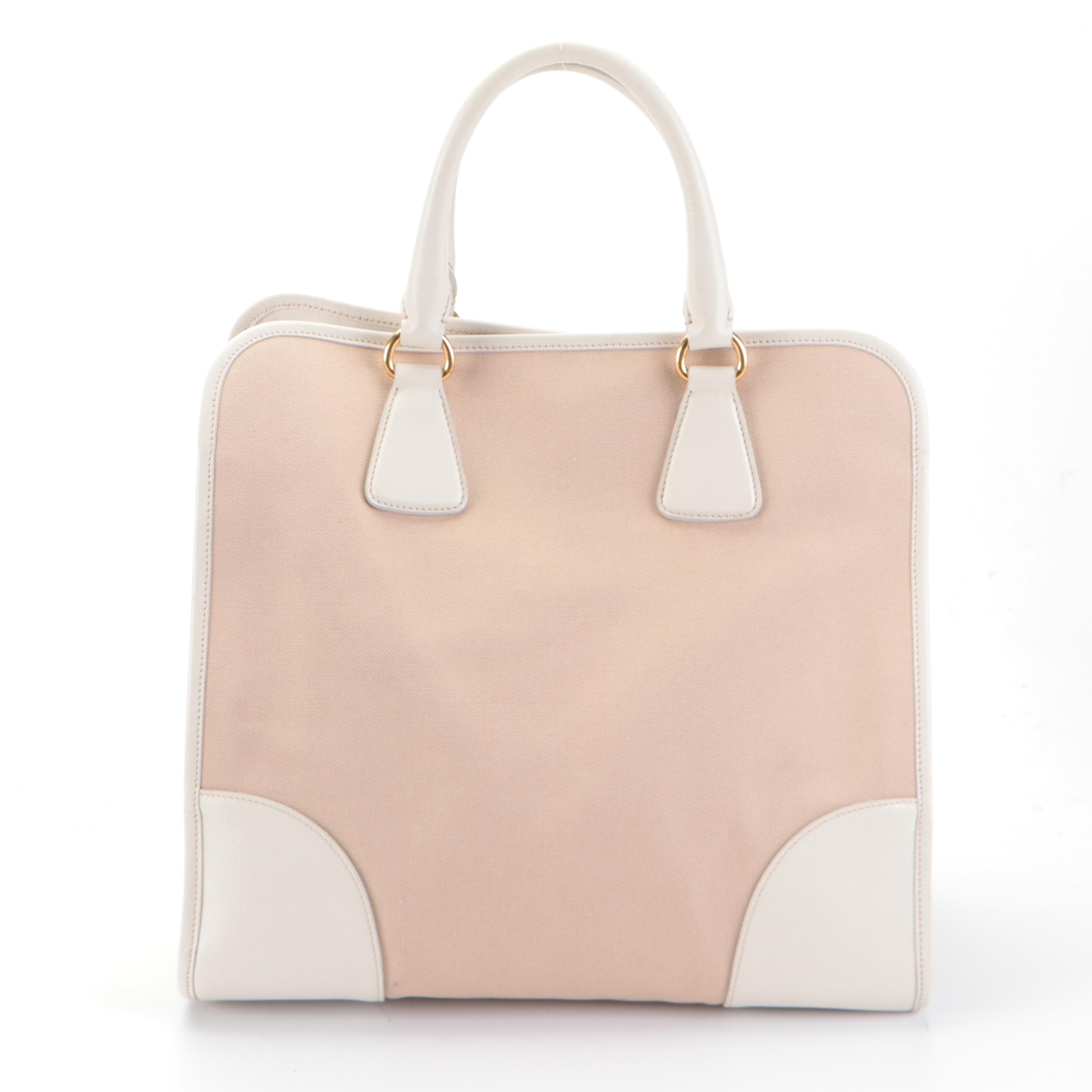 Prada Convertible Tote in Natural Canvas and White Saffiano Leather Trim