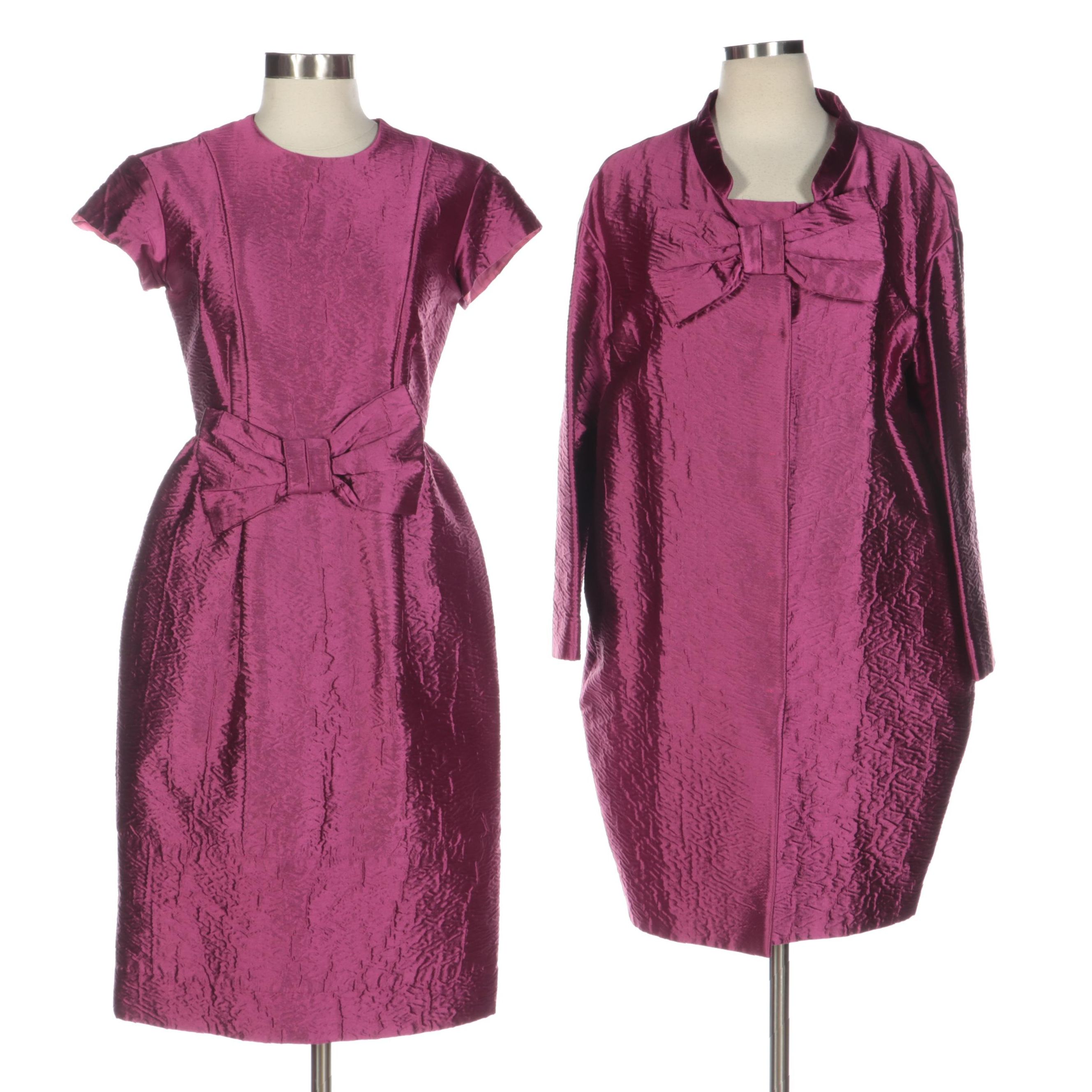 Prada Cap-Sleeve Bow Dress and Button-Front Jacket in Crushed Wool-Silk Taffeta