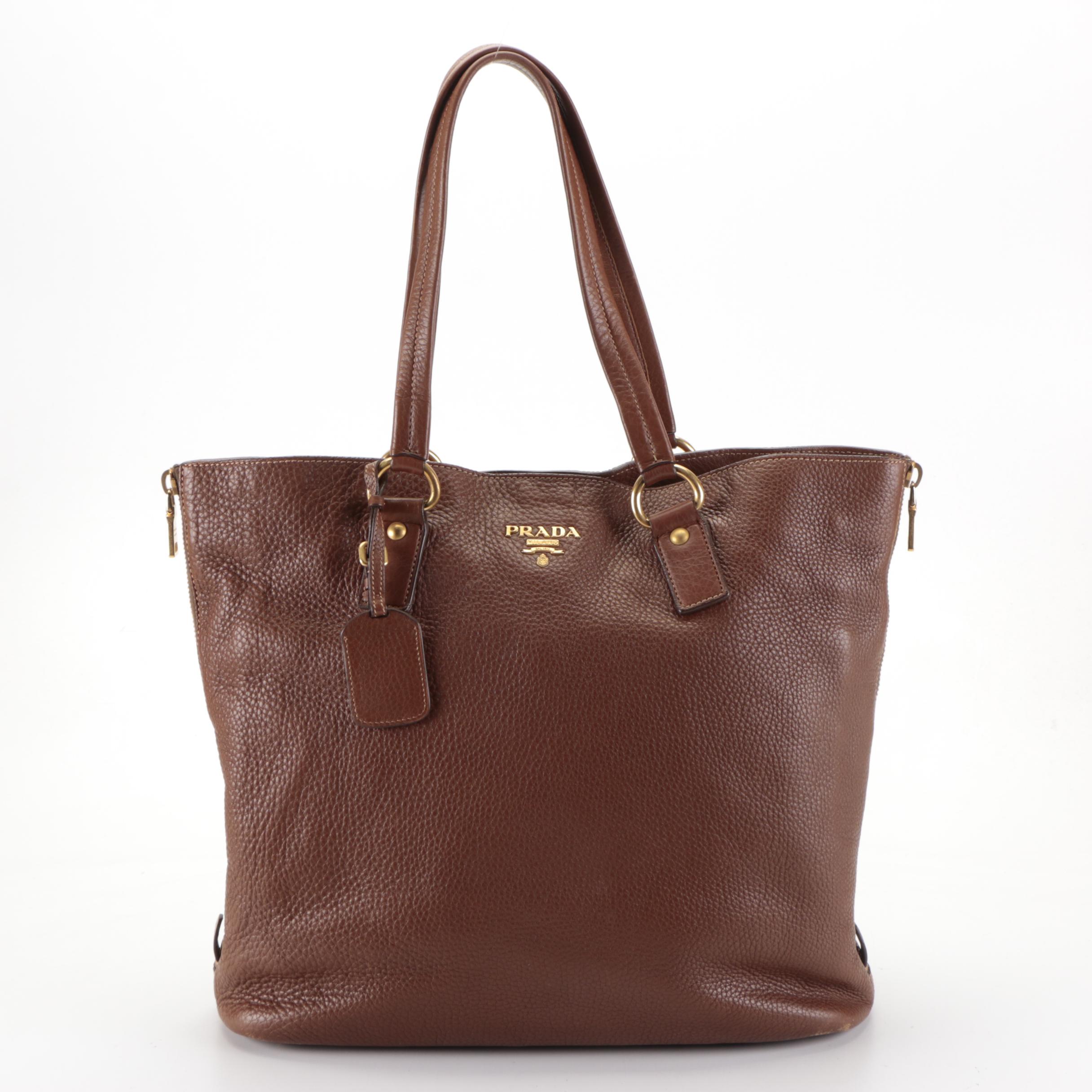 Prada Vitello Daino Leather Tote in Brown