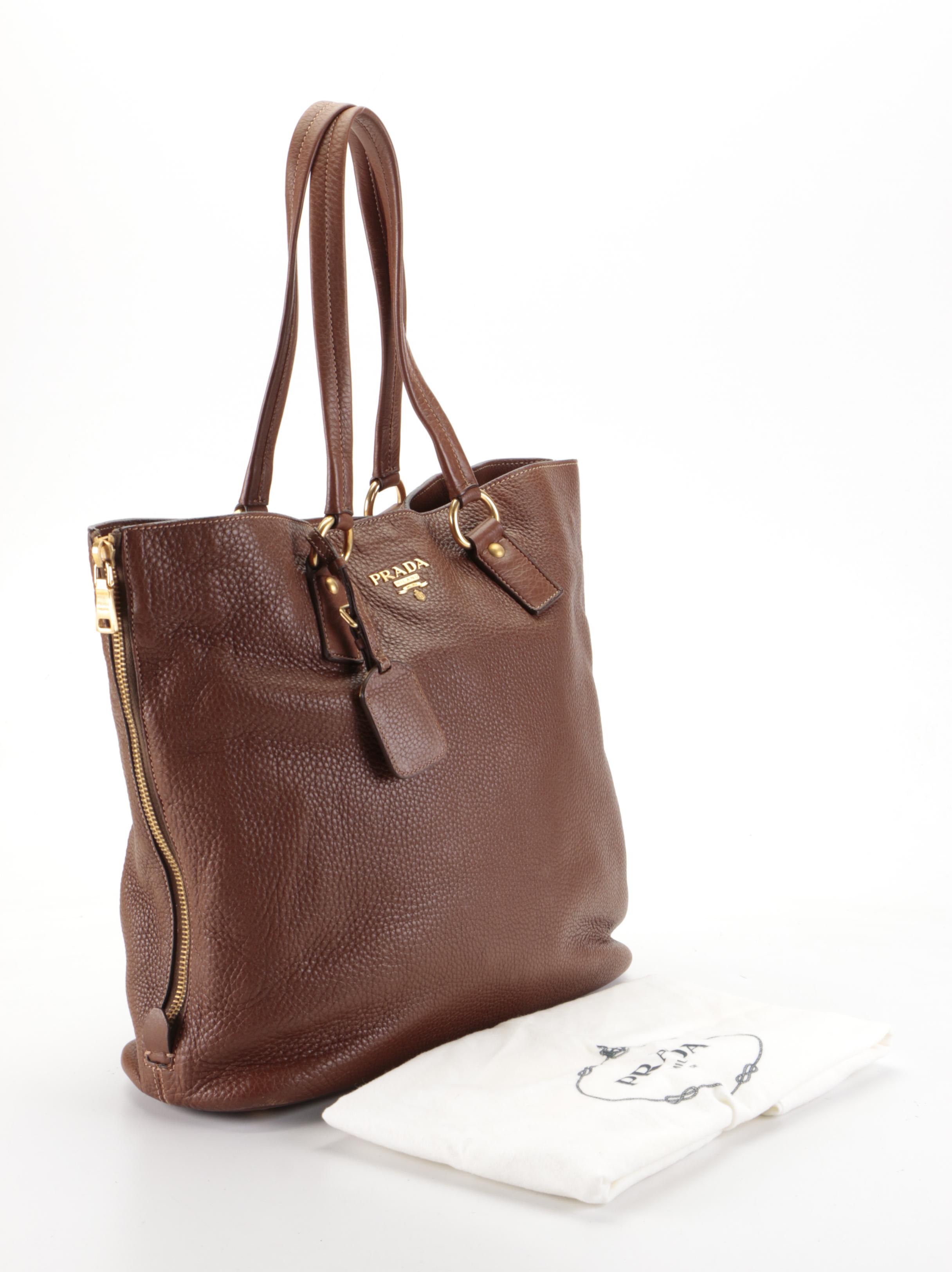 Prada Vitello Daino Leather Tote in Brown
