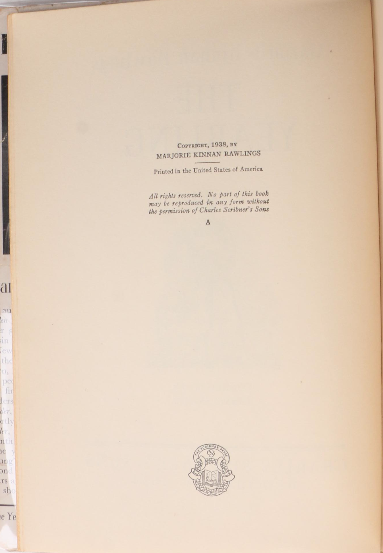 First Edition "The Yearling" by Marjorie Kinnan Rawlings and Other Book
