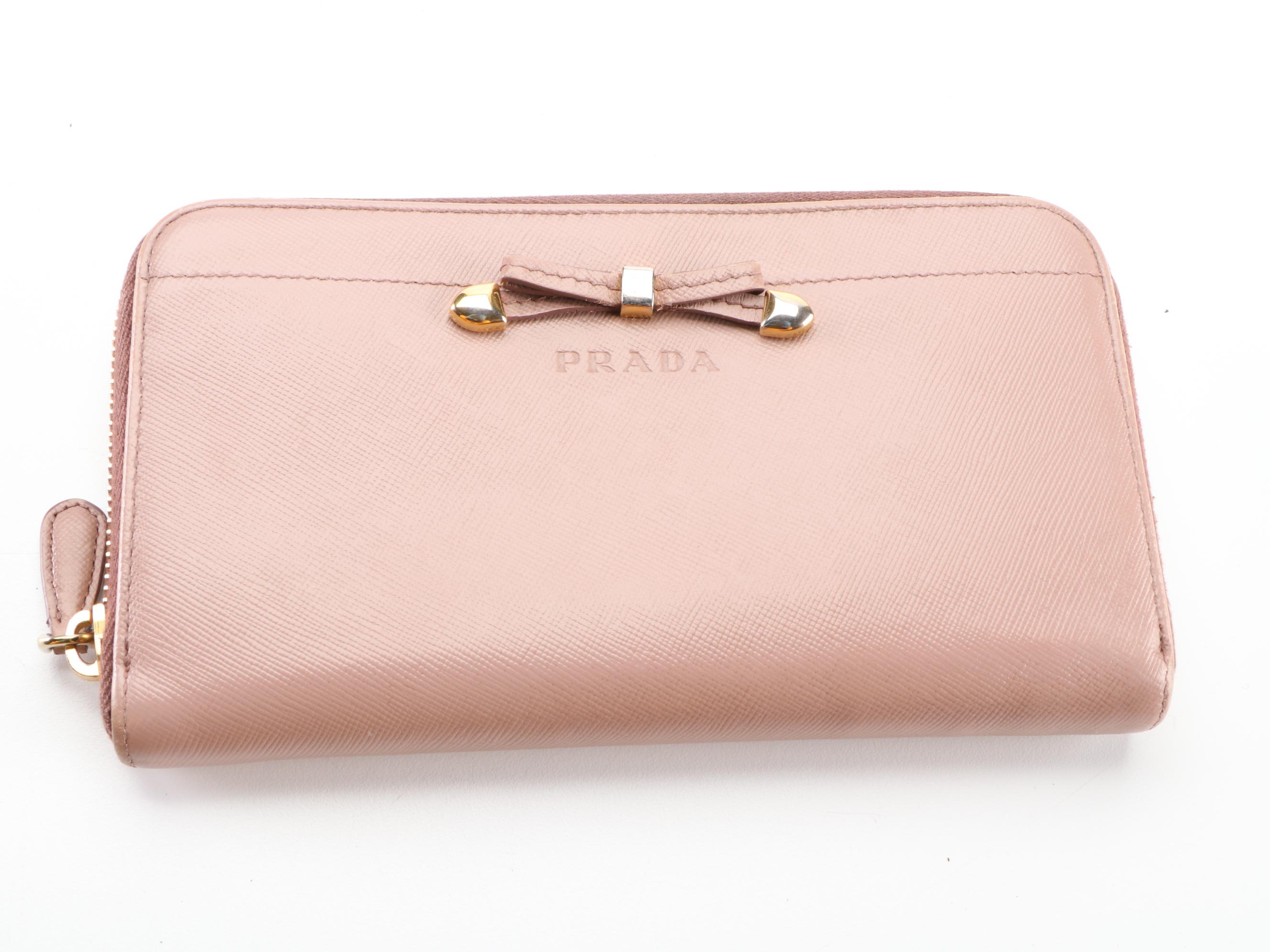 Prada Bow Saffiano Leather Zip Around Wallet