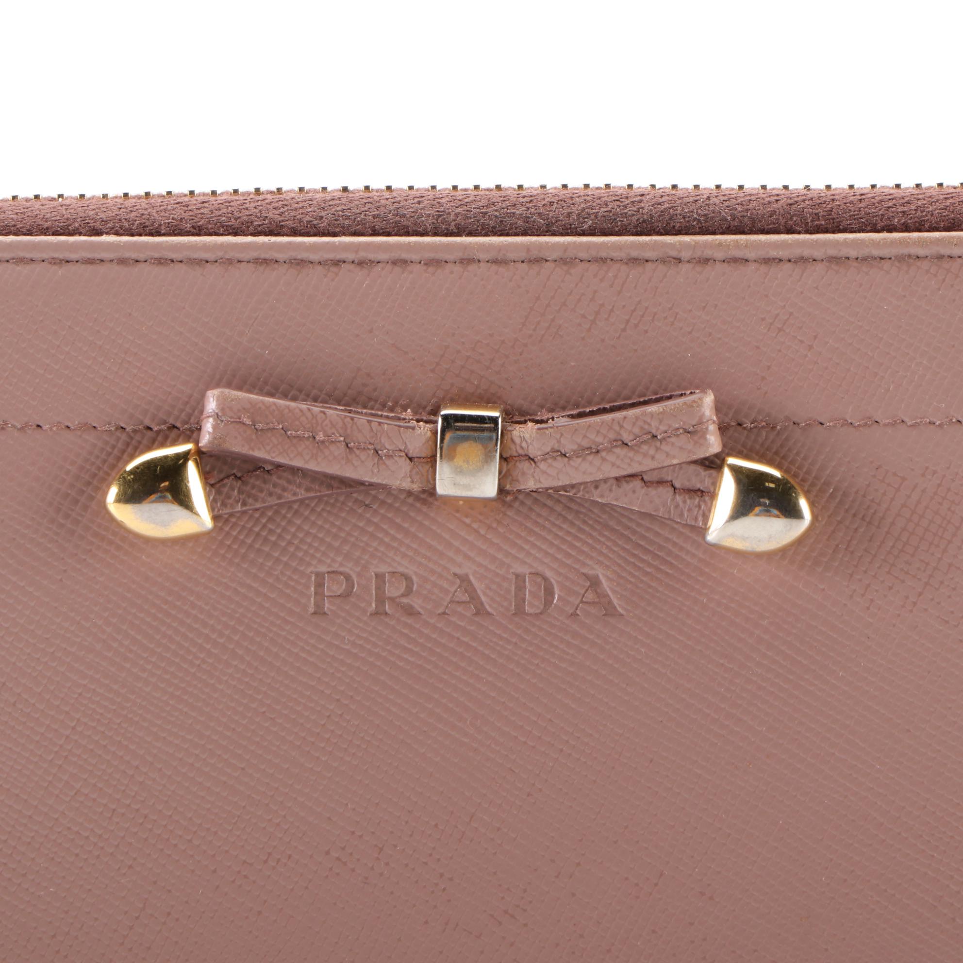 Prada Bow Saffiano Leather Zip Around Wallet