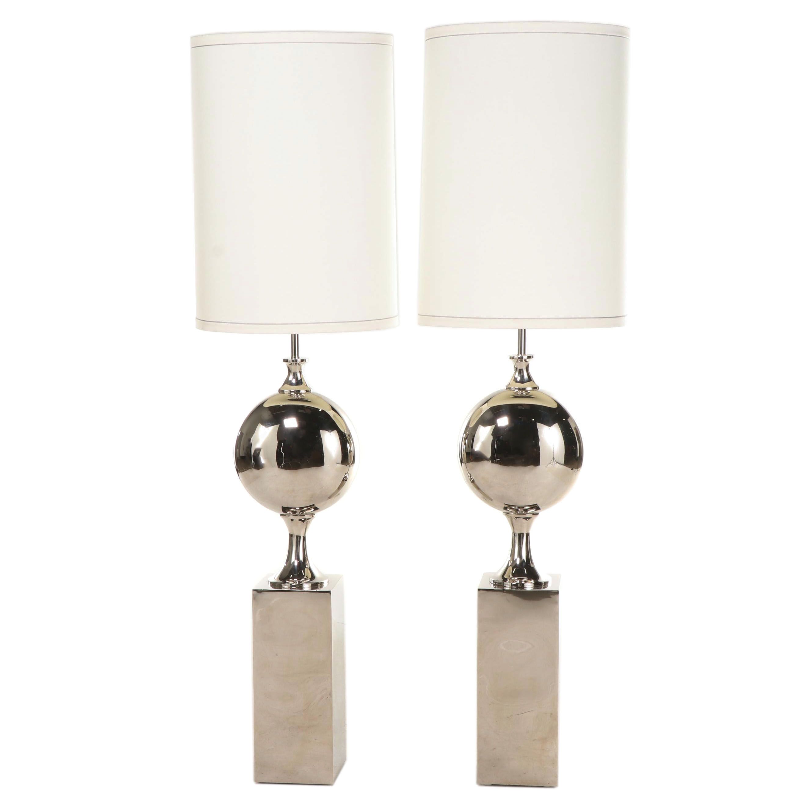 Pair of "Big Pill" Large-Scale Chrome Ball on Pedestal Floor Lamps