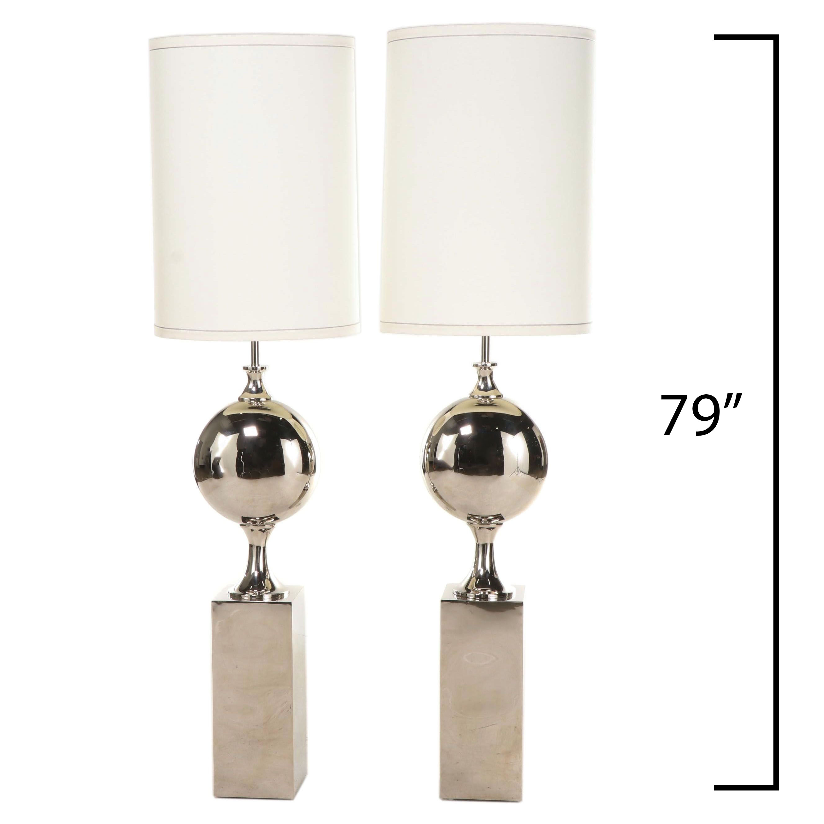 Pair of "Big Pill" Large-Scale Chrome Ball on Pedestal Floor Lamps
