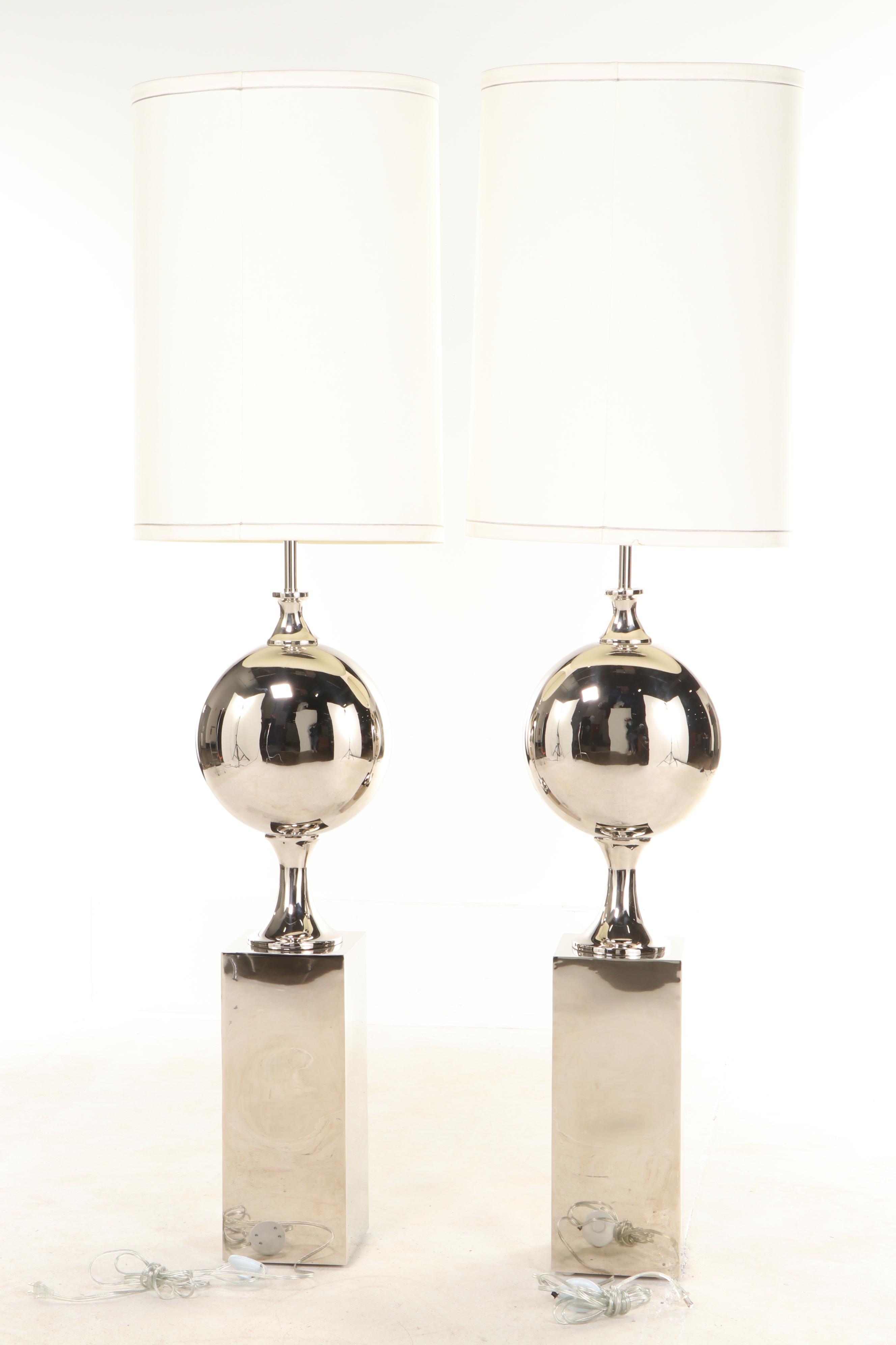 Pair of "Big Pill" Large-Scale Chrome Ball on Pedestal Floor Lamps