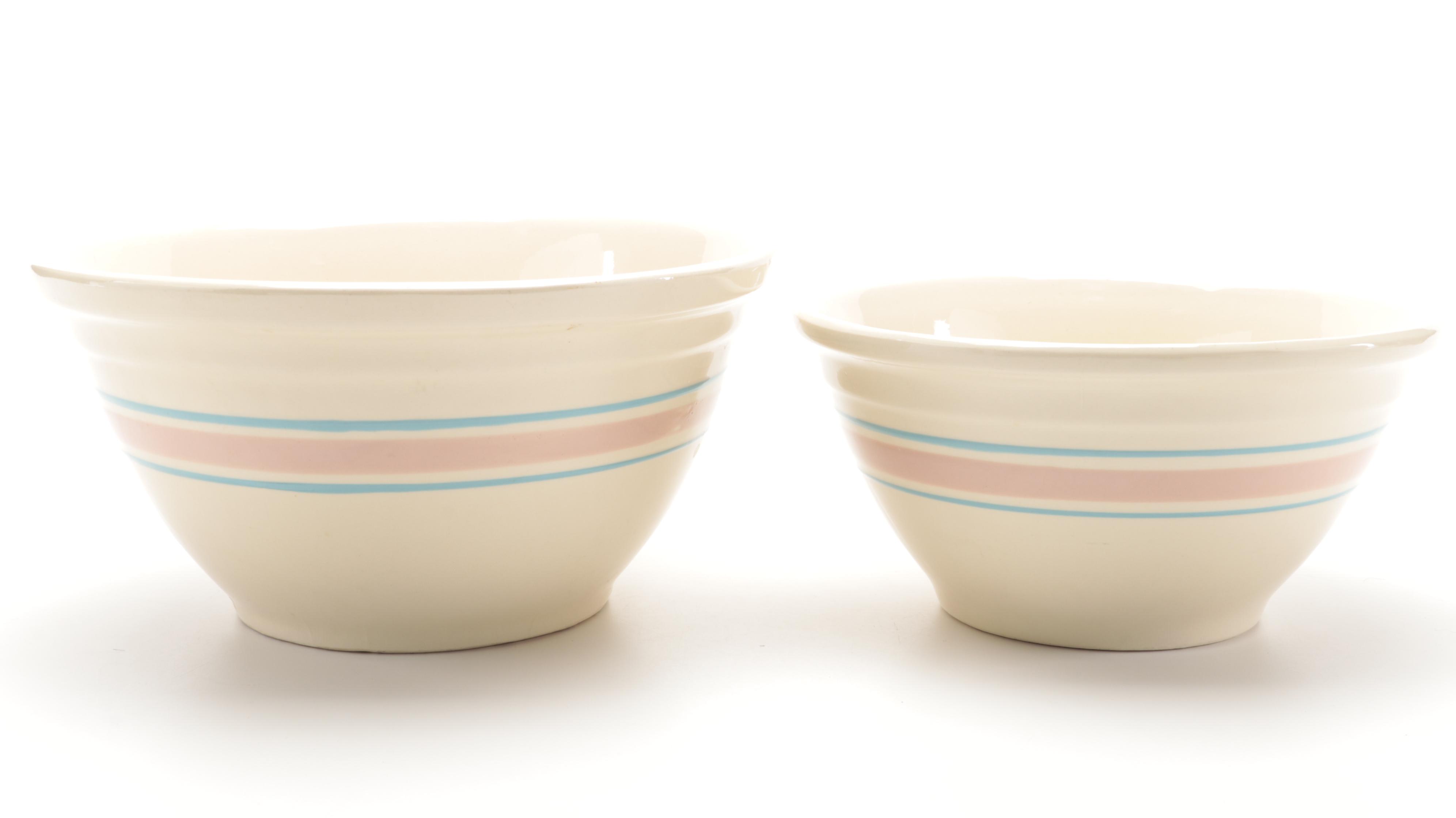 McCoy Pottery Pink and Blue Banded Ceramic Mixing Bowls and Soufflé Bowl