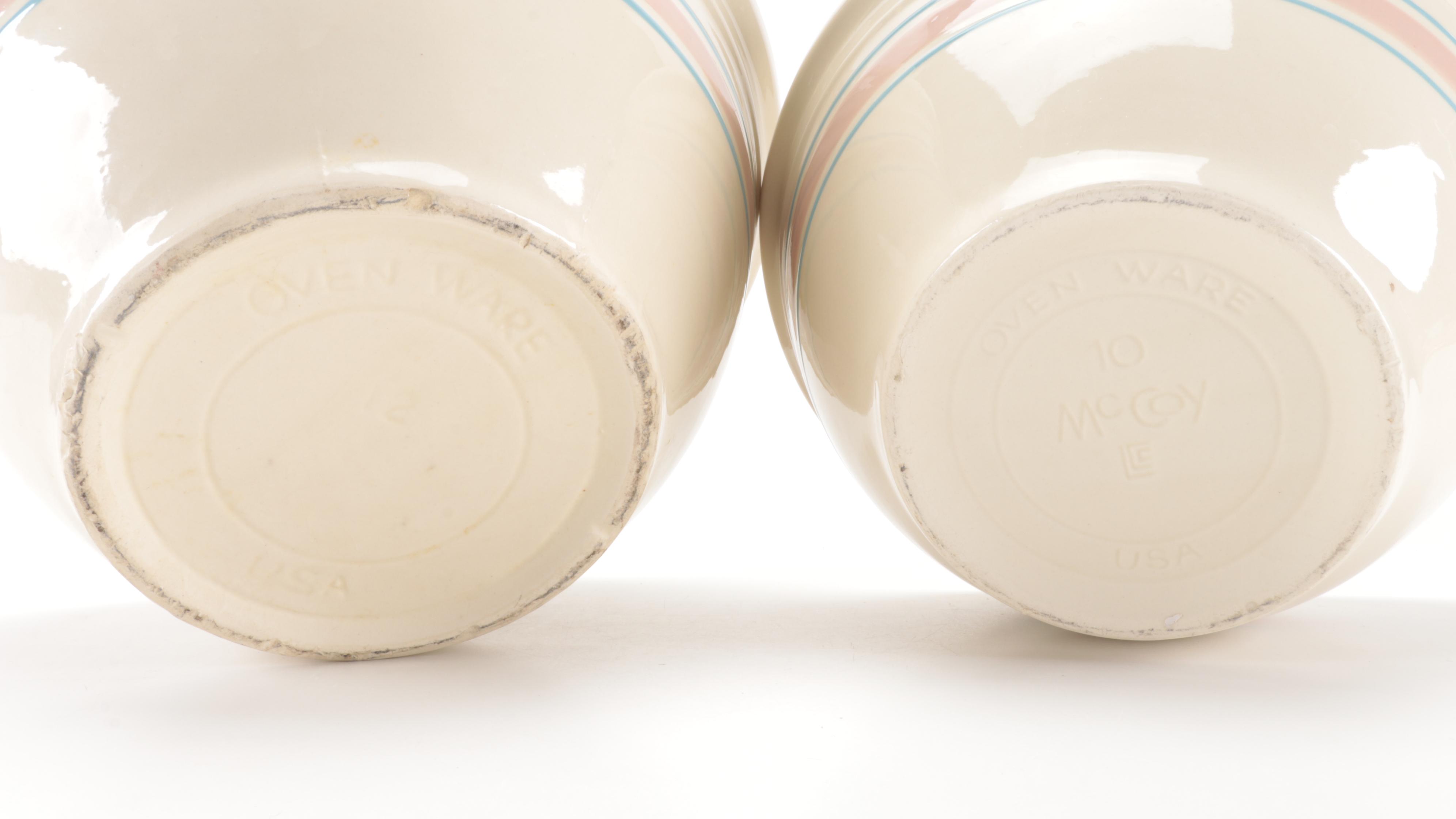 McCoy Pottery Pink and Blue Banded Ceramic Mixing Bowls and Soufflé Bowl