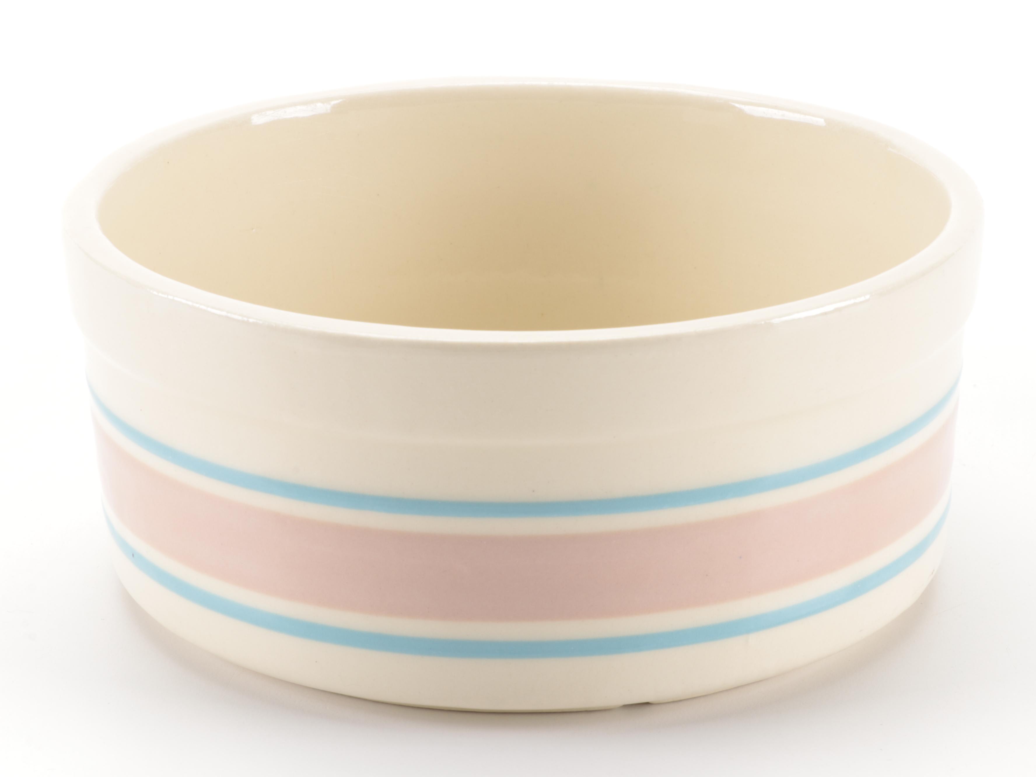 McCoy Pottery Pink and Blue Banded Ceramic Mixing Bowls and Soufflé Bowl
