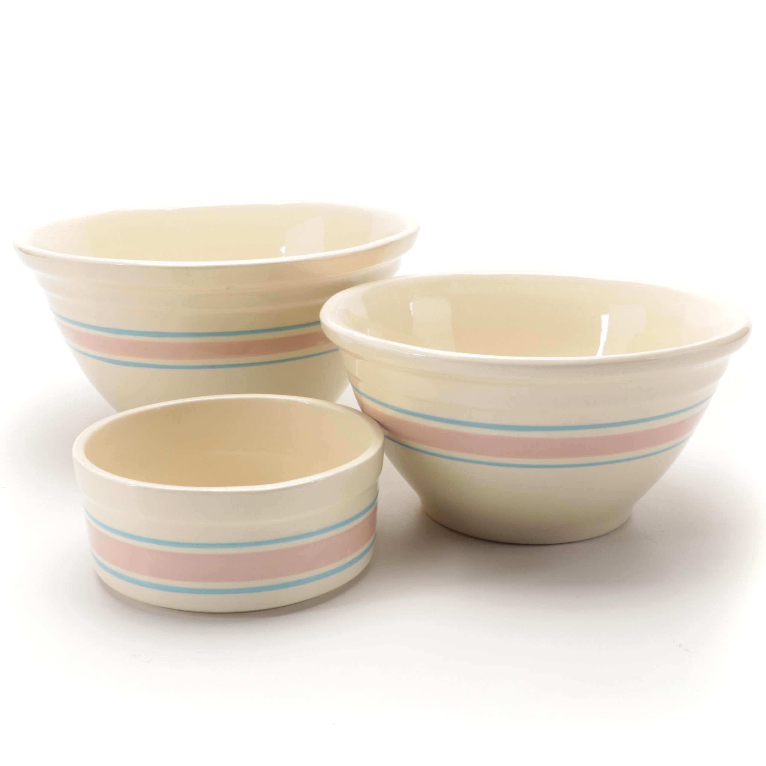 McCoy Pottery Pink and Blue Banded Ceramic Mixing Bowls and Soufflé Bowl