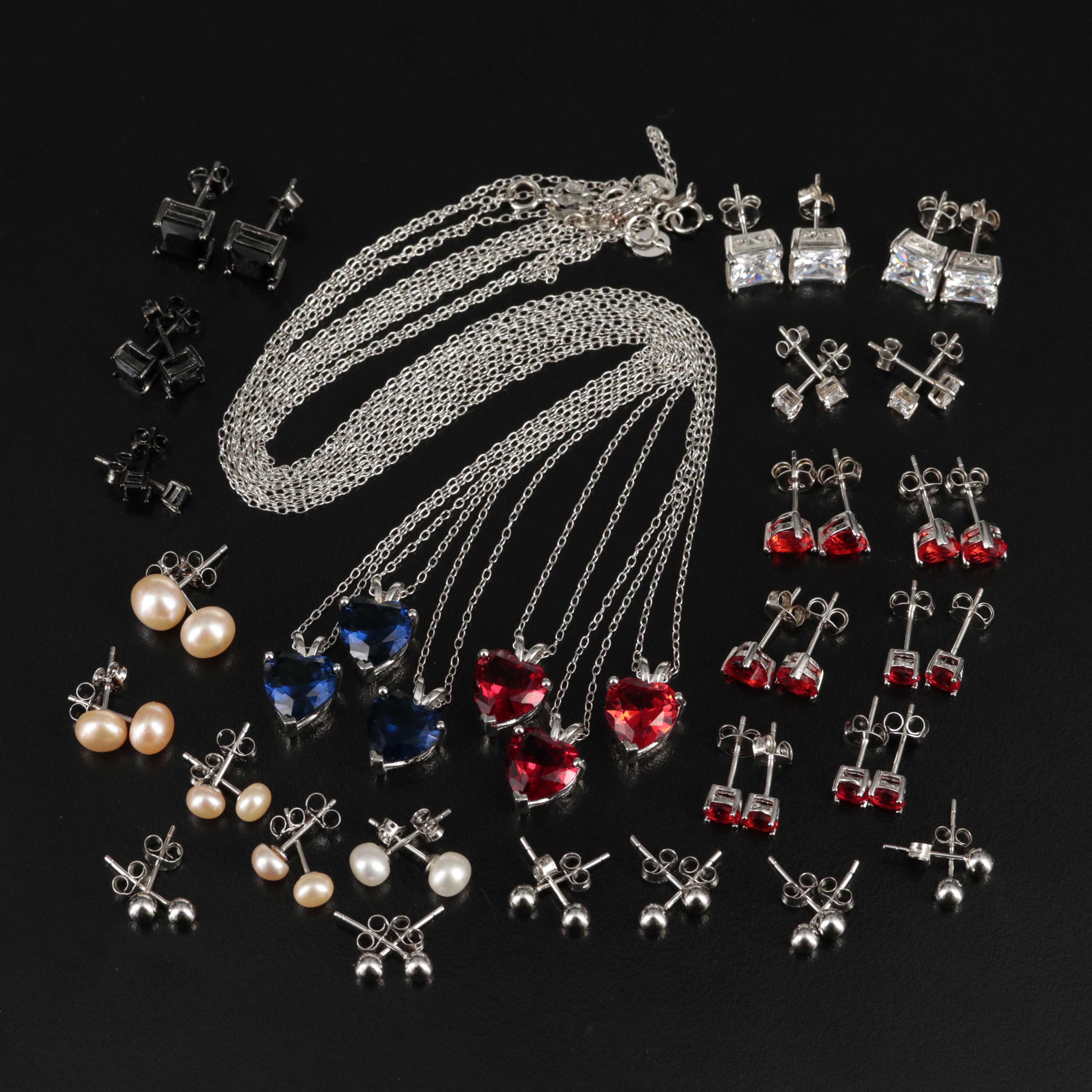 Sterling Necklaces and Earrings Including Pearl and Cubic Zirconia