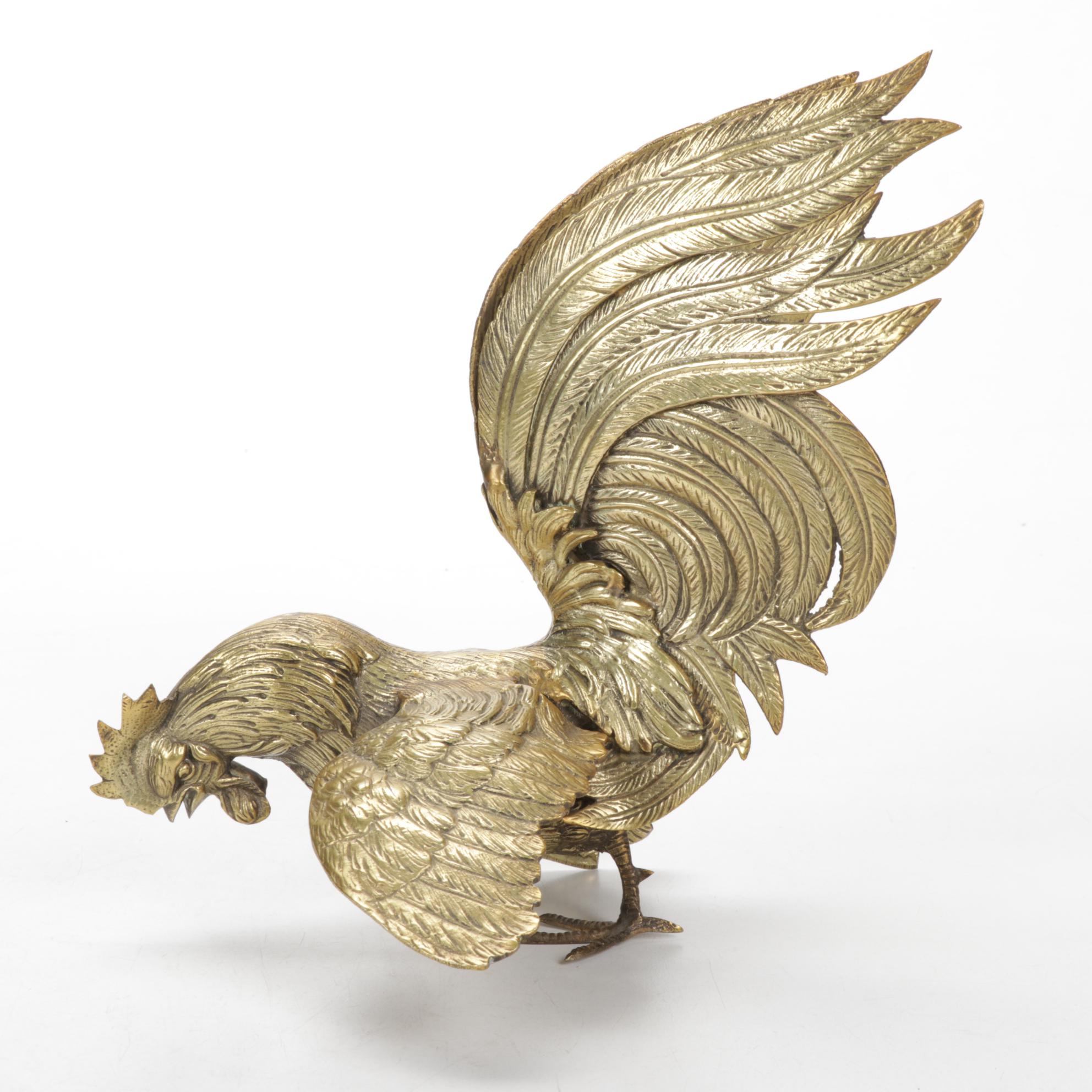 Pair of Italian Cast Brass Fighting Rooster Figurines, 1960s