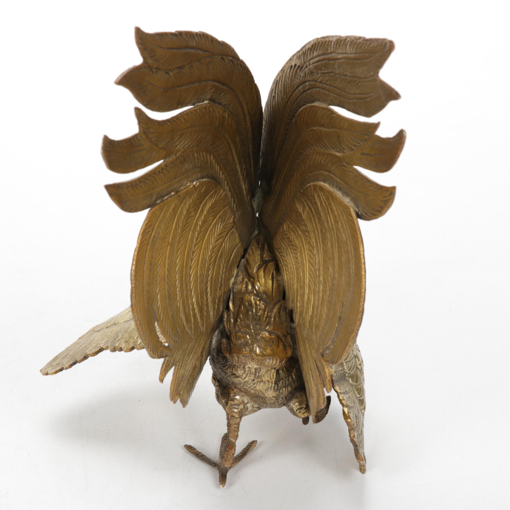 Pair of Italian Cast Brass Fighting Rooster Figurines, 1960s