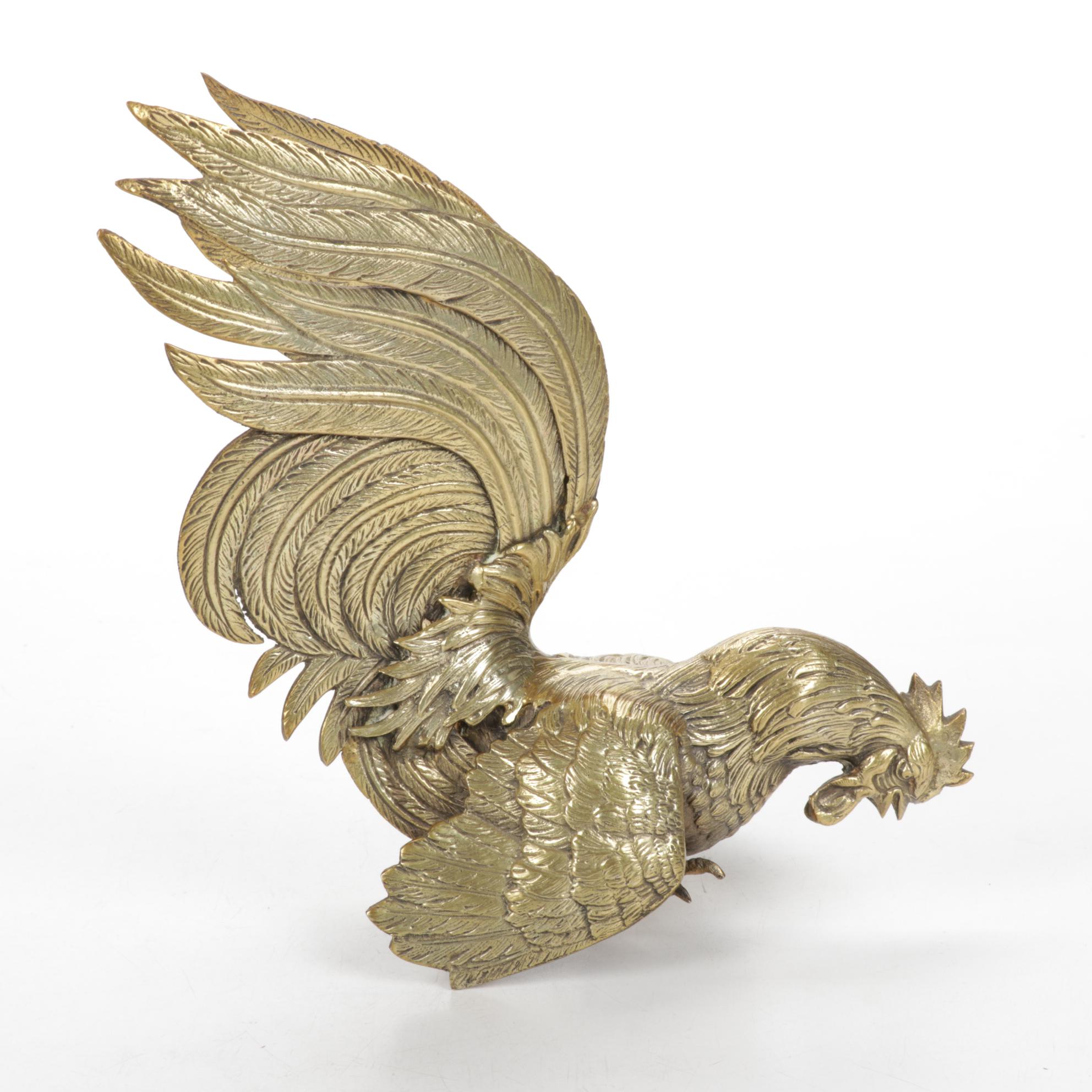 Pair of Italian Cast Brass Fighting Rooster Figurines, 1960s
