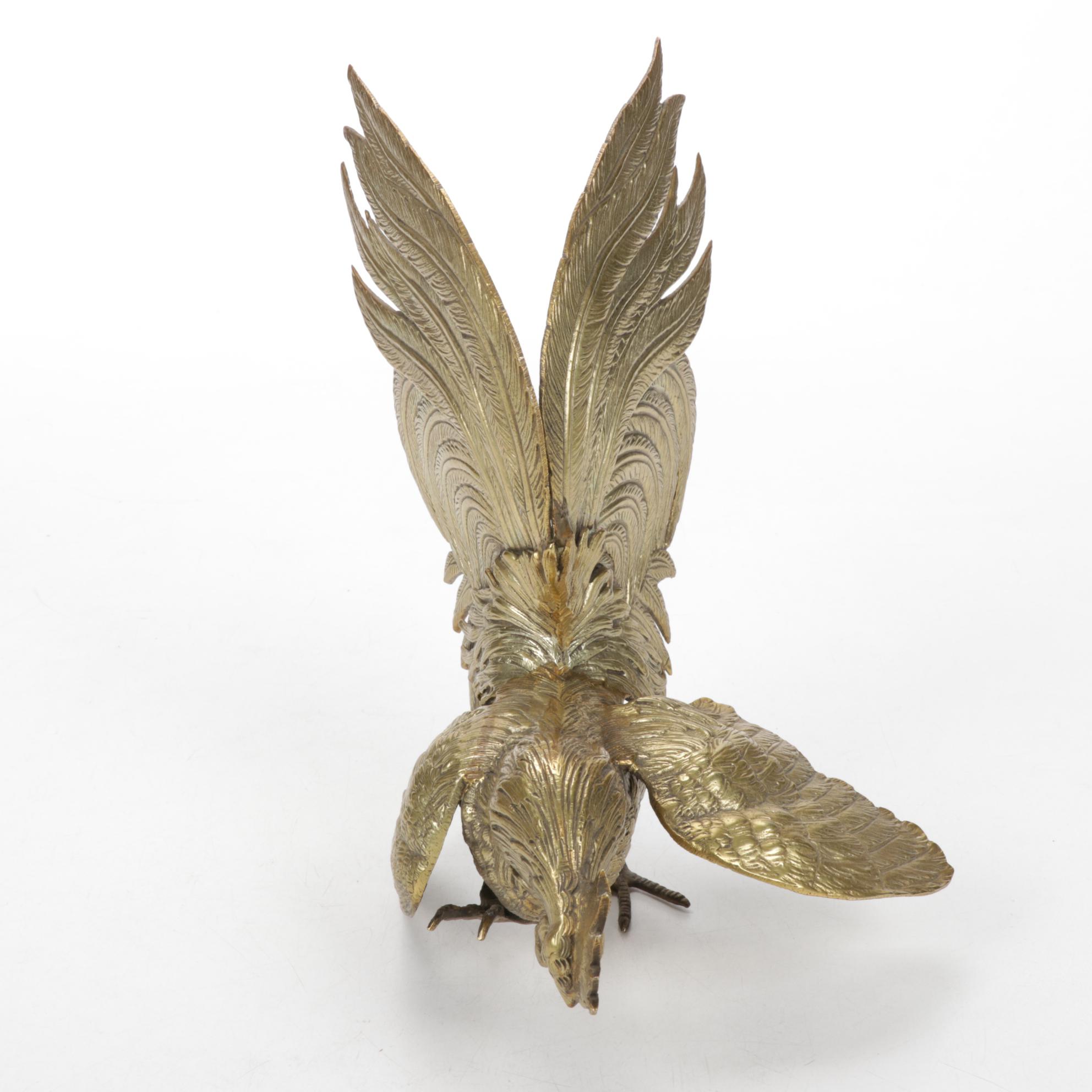 Pair of Italian Cast Brass Fighting Rooster Figurines, 1960s