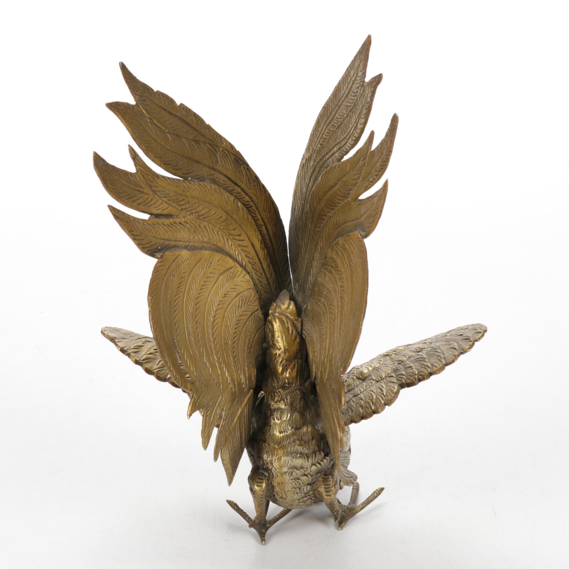 Pair of Italian Cast Brass Fighting Rooster Figurines, 1960s