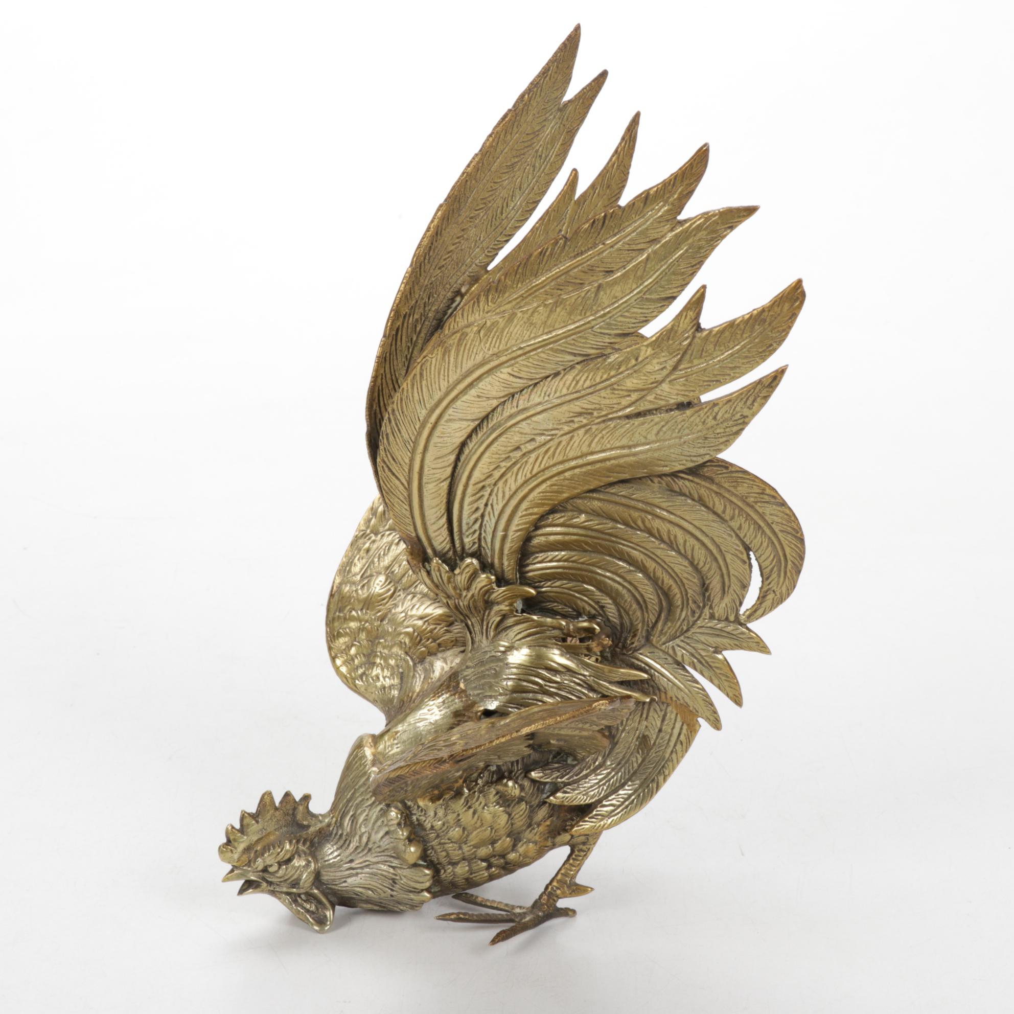 Pair of Italian Cast Brass Fighting Rooster Figurines, 1960s