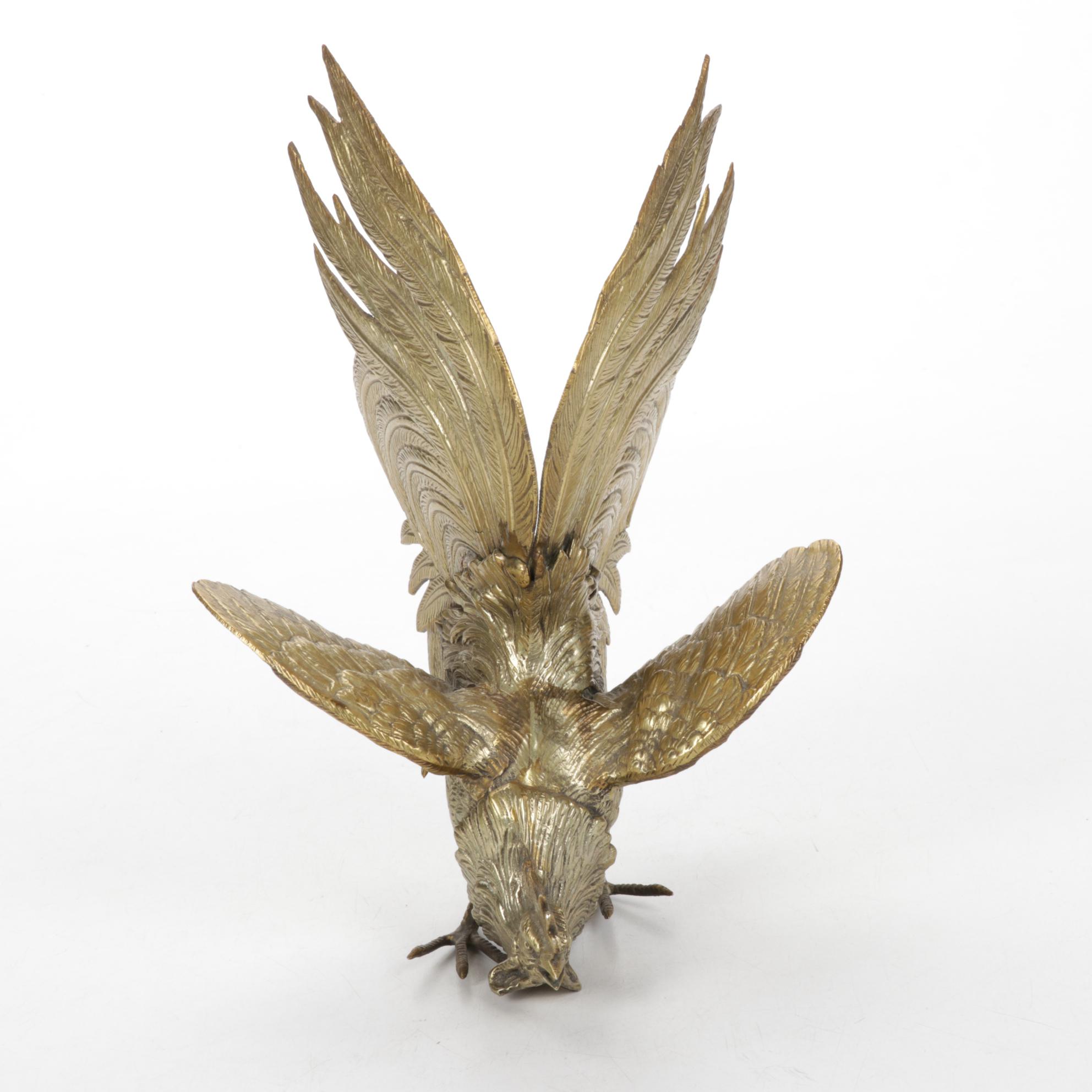 Pair of Italian Cast Brass Fighting Rooster Figurines, 1960s