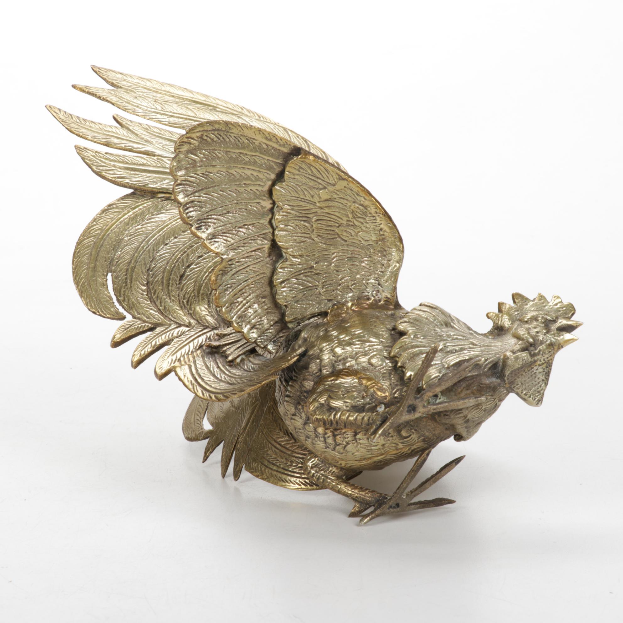 Pair of Italian Cast Brass Fighting Rooster Figurines, 1960s