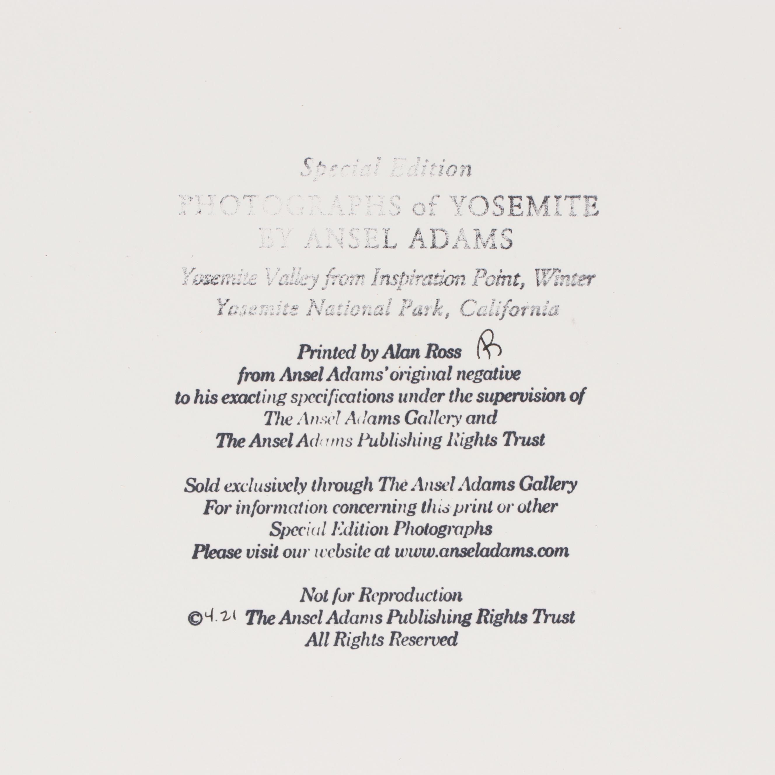 Ansel Adams Special Edition Silver Gelatin Photograph Reprint of Yosemite Valley