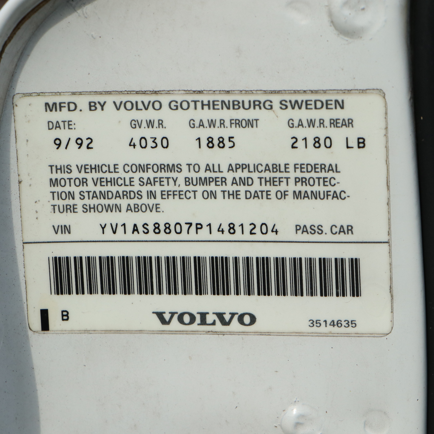 1993 Volvo 240 White Sedan