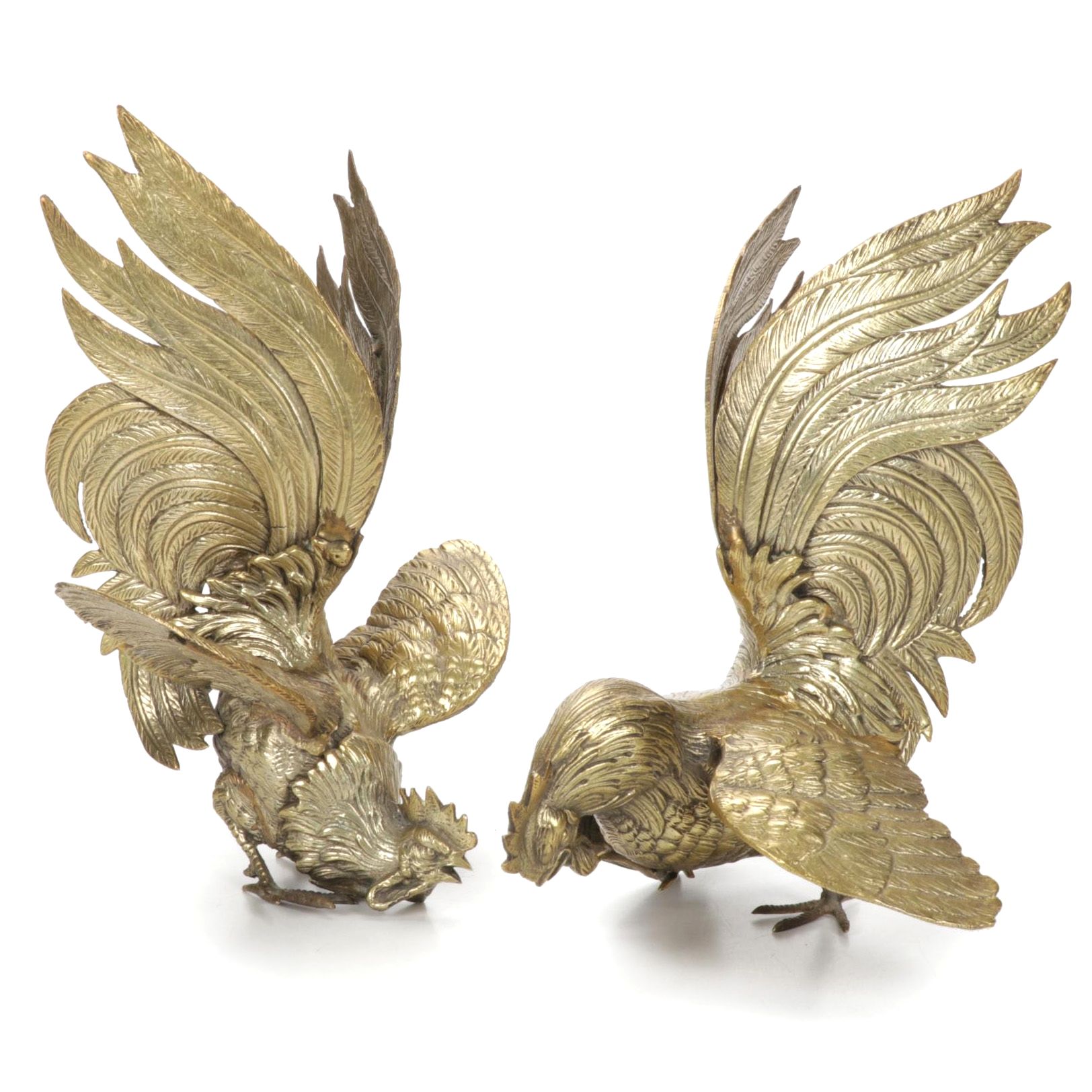 Pair of Italian Cast Brass Fighting Rooster Figurines, 1960s