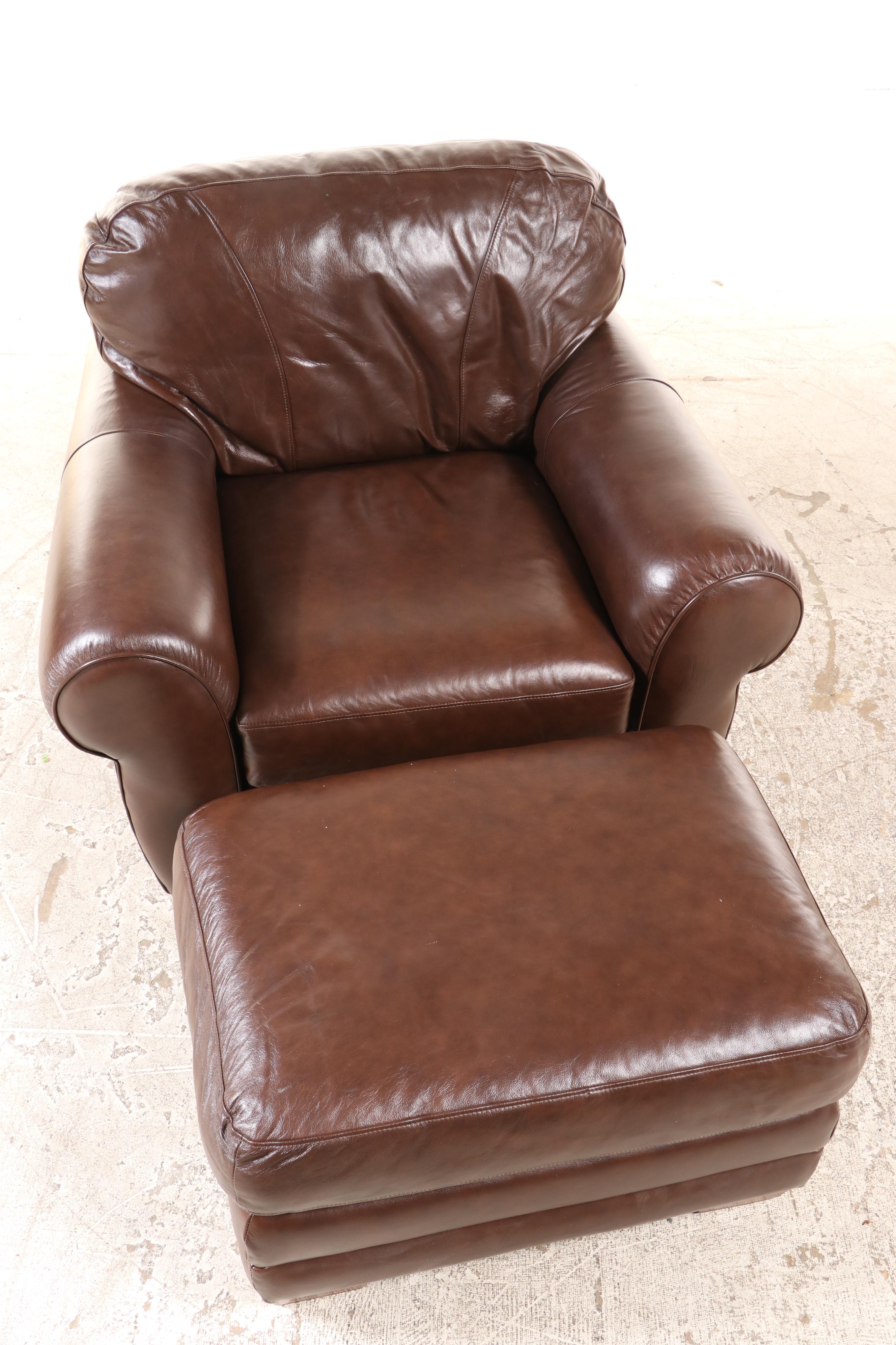 La-Z-Boy Brown Leather Easy Armchair and Ottoman