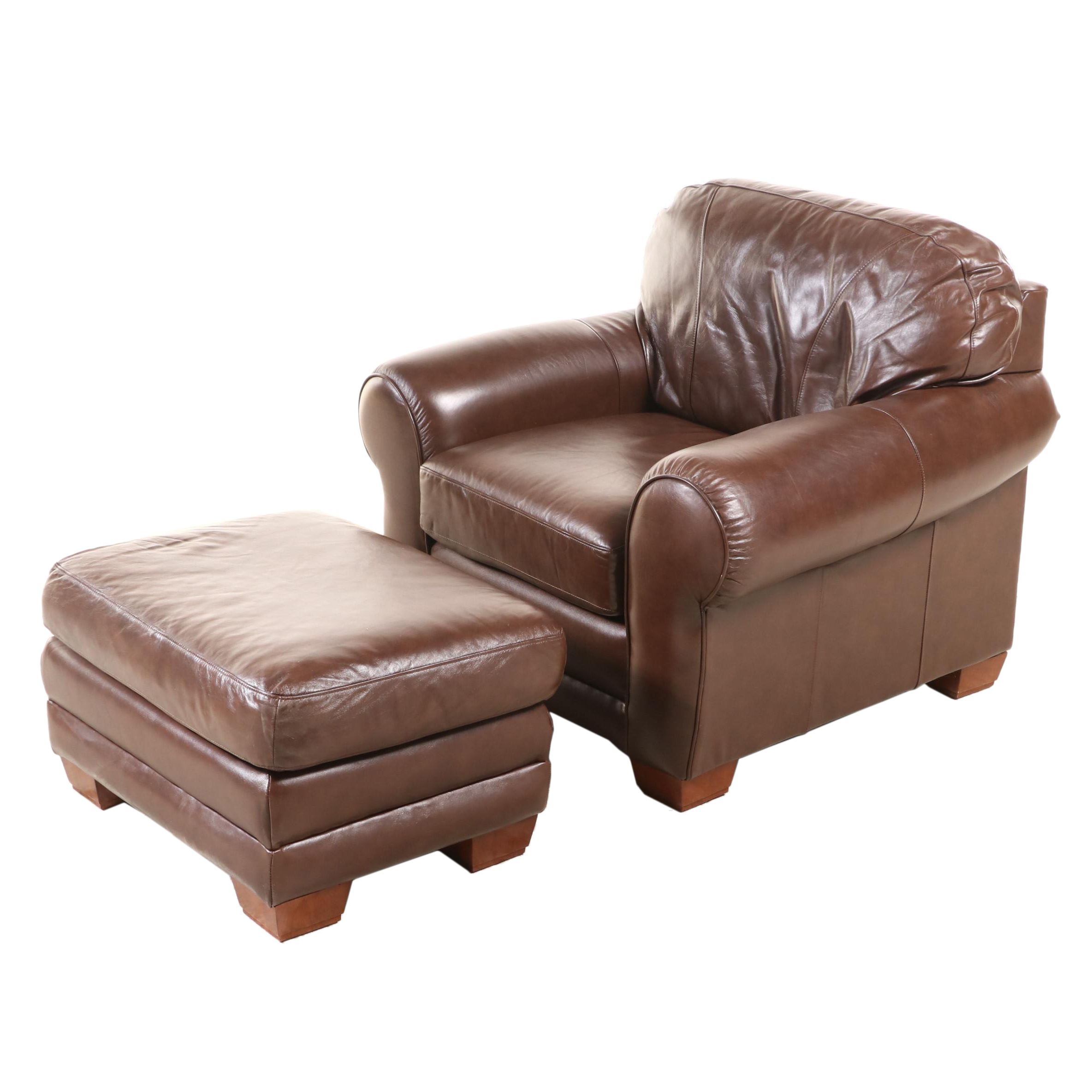 La-Z-Boy Brown Leather Easy Armchair and Ottoman