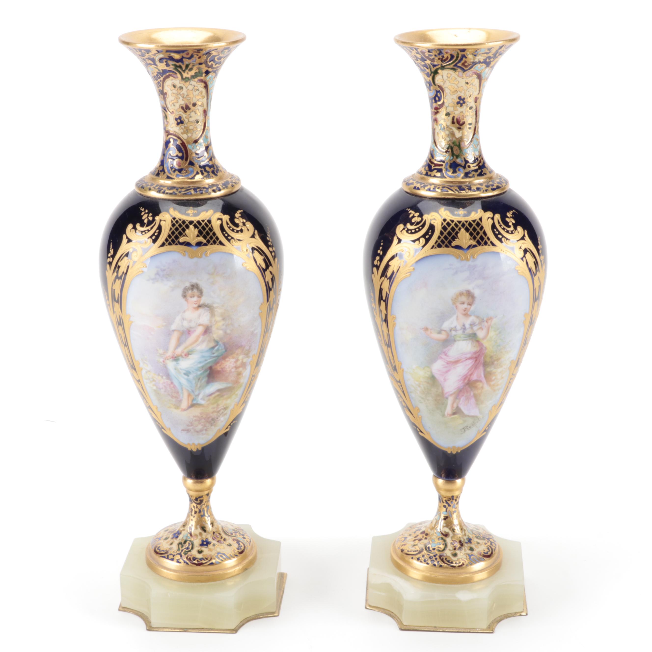 Sèvres Style Porcelain and Champleve Enamel Vases, Late 19th Century