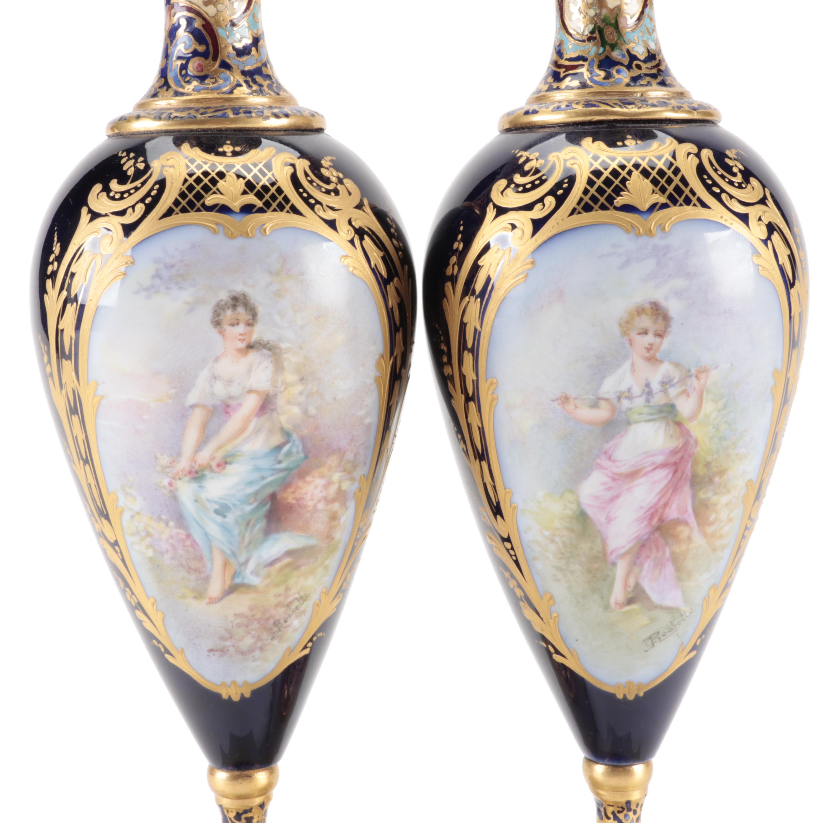Sèvres Style Porcelain and Champleve Enamel Vases, Late 19th Century