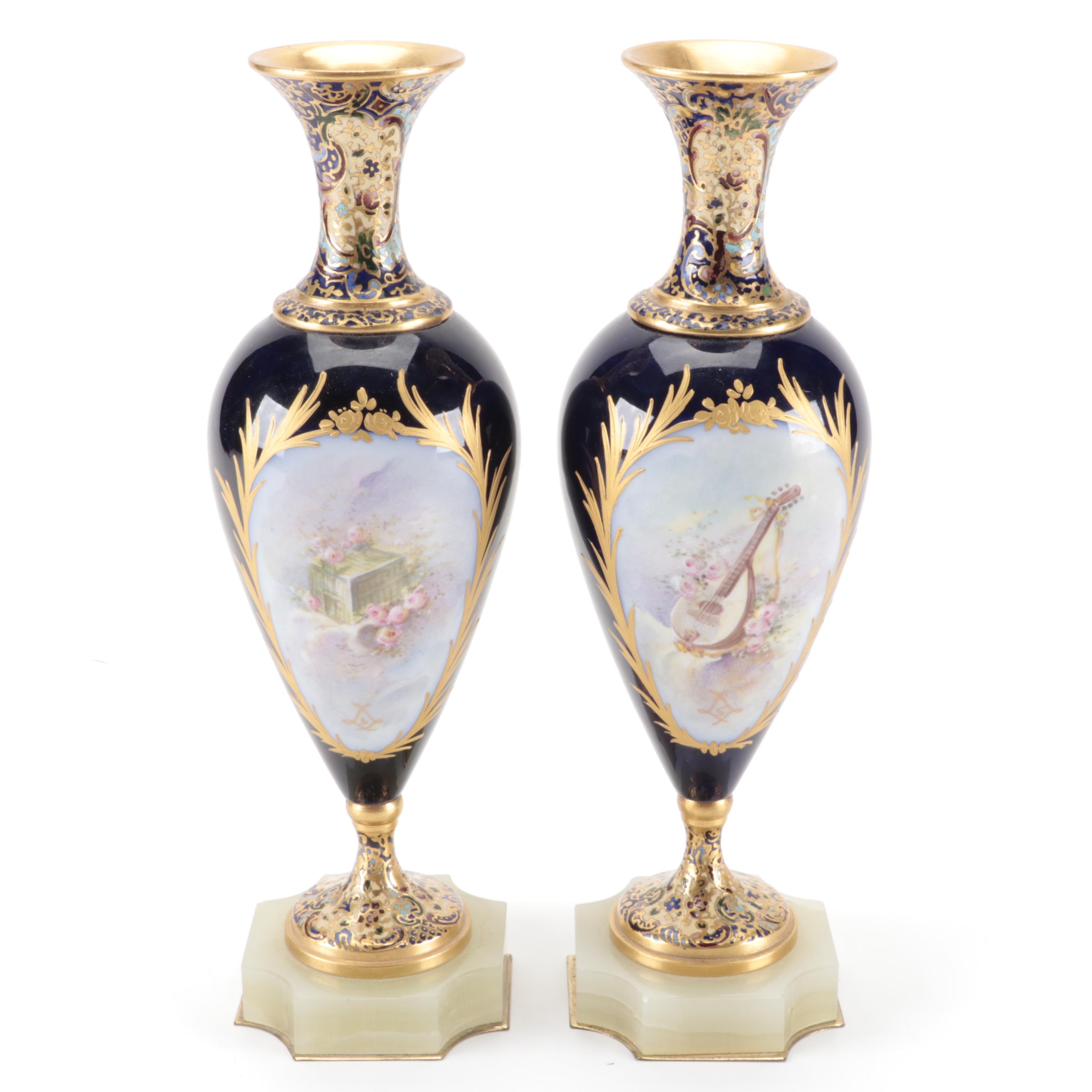 Sèvres Style Porcelain and Champleve Enamel Vases, Late 19th Century