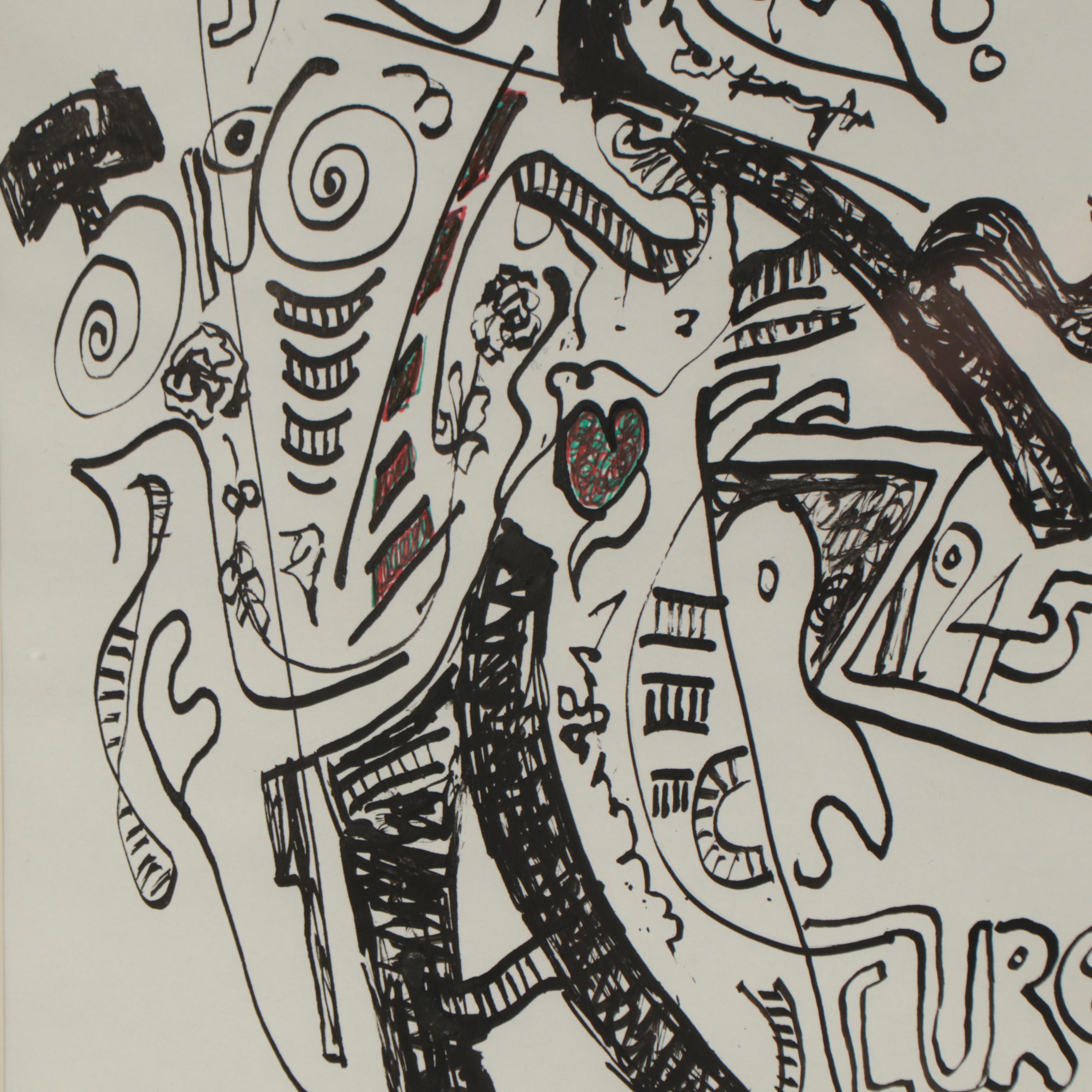 Phyllis Trager Hyman Abstract Ink Drawing