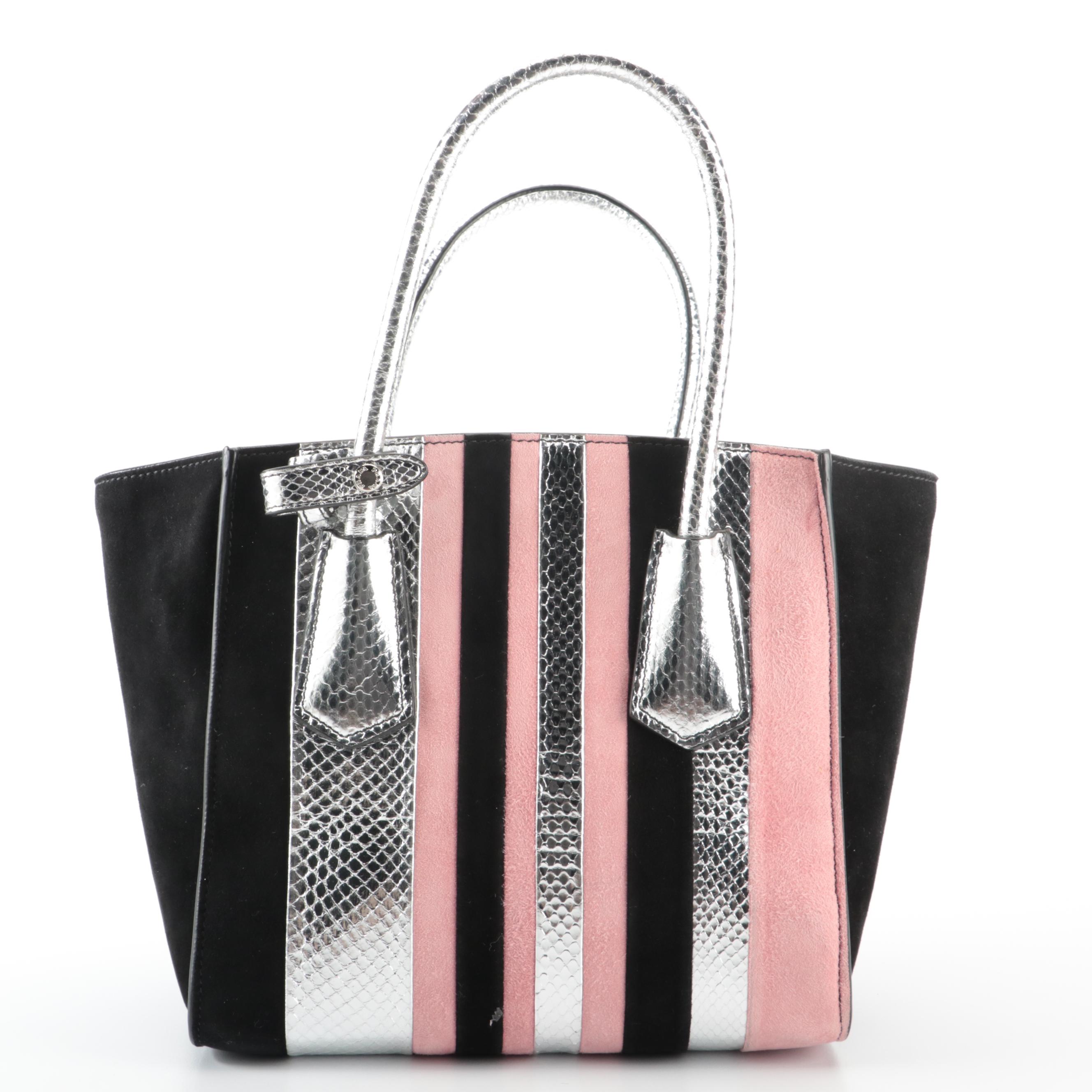 Prada Convertible Tote Bag in Bicolor Suede and Silver Snakeskin with Strap