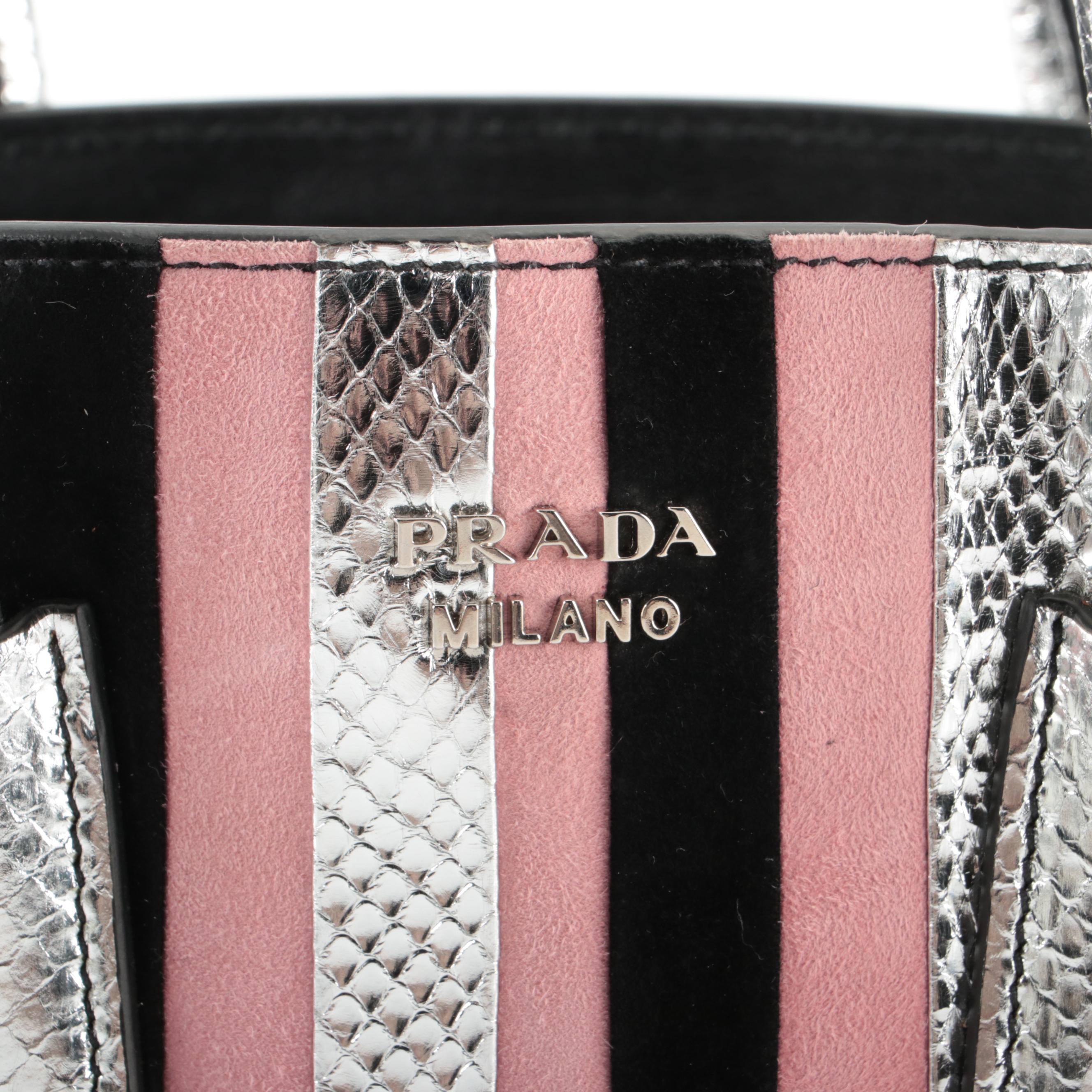 Prada Convertible Tote Bag in Bicolor Suede and Silver Snakeskin with Strap